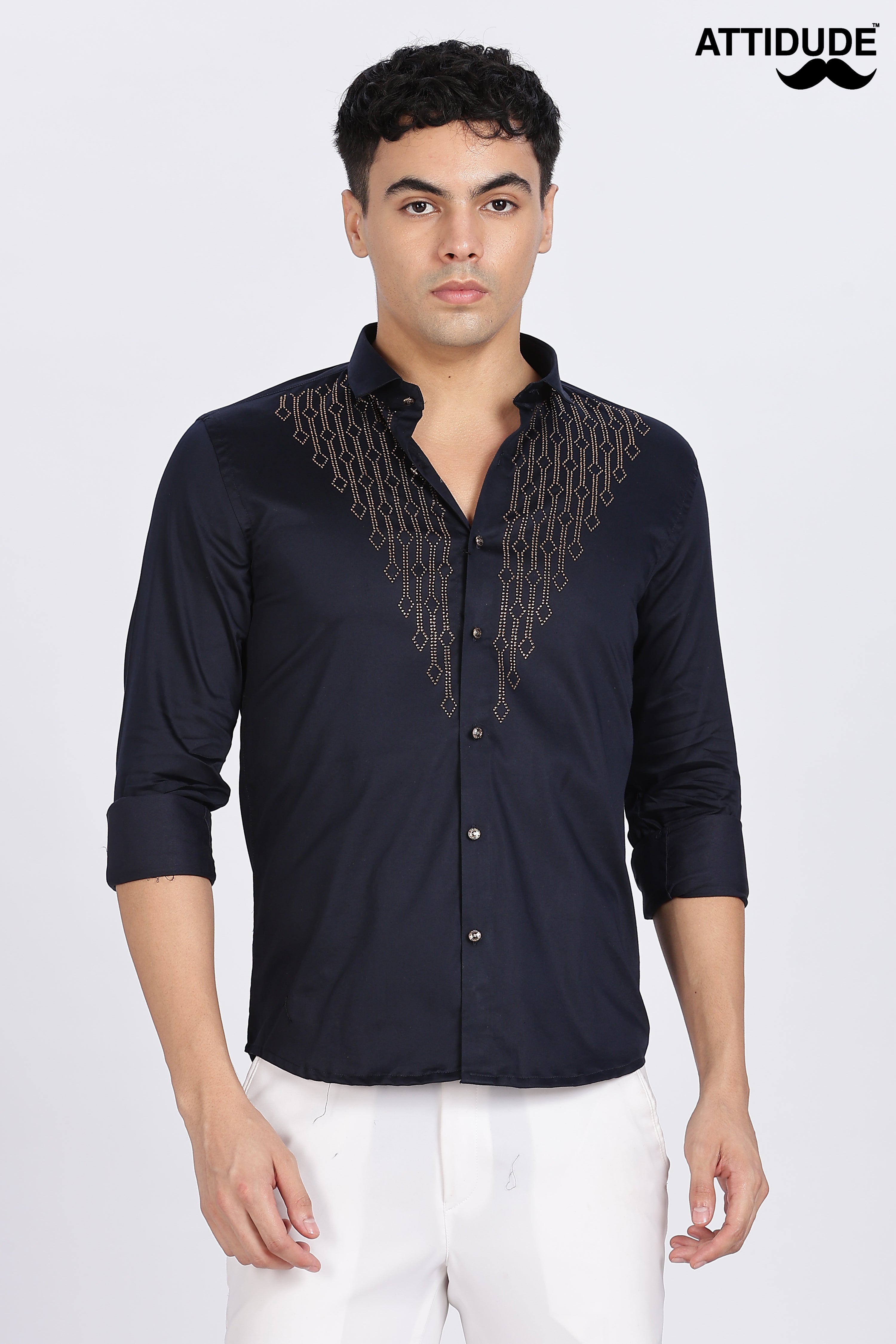 Navy Blue Dazzle Golden Accents Party wear Shirt