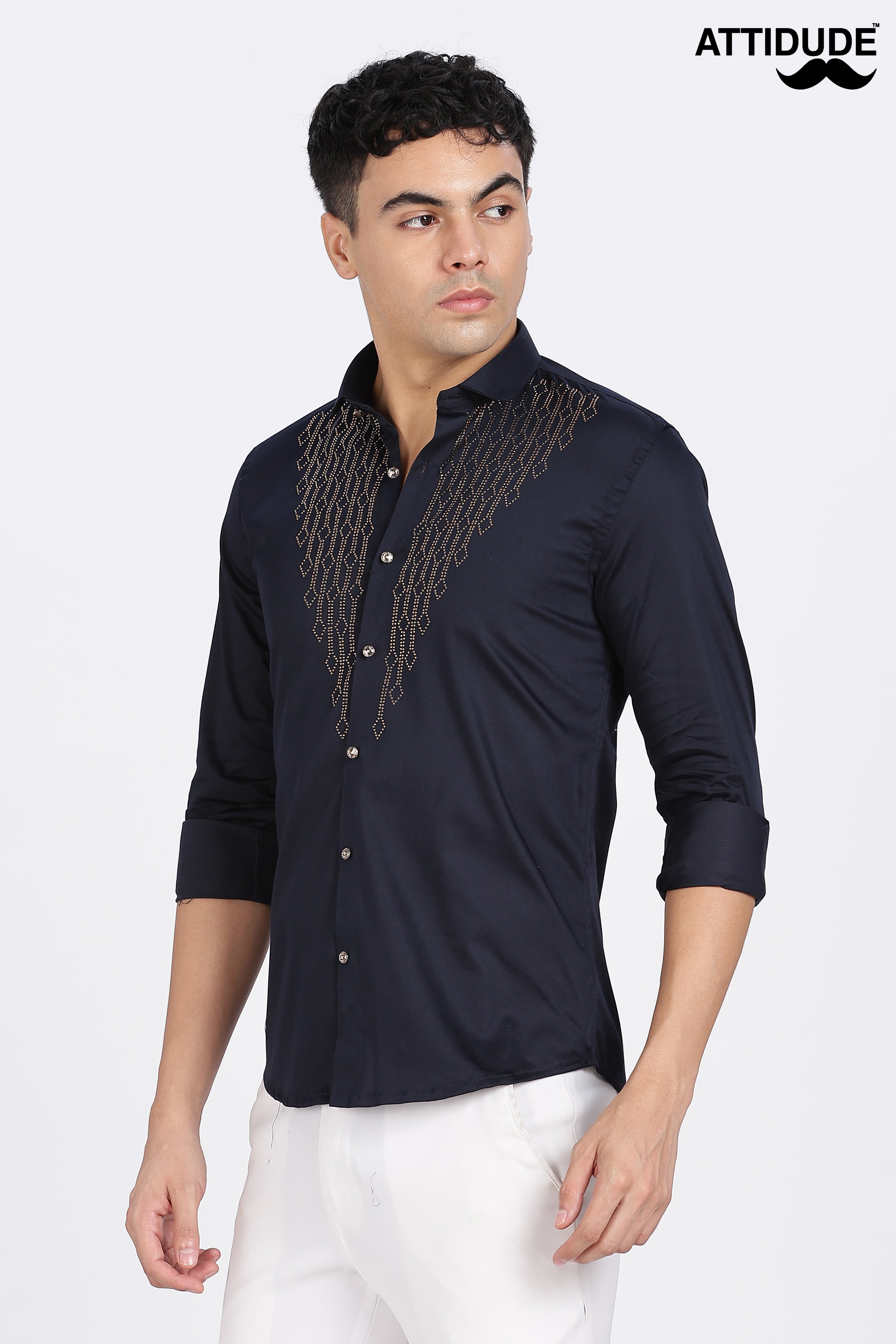 Navy Blue Dazzle Golden Accents Party wear Shirt