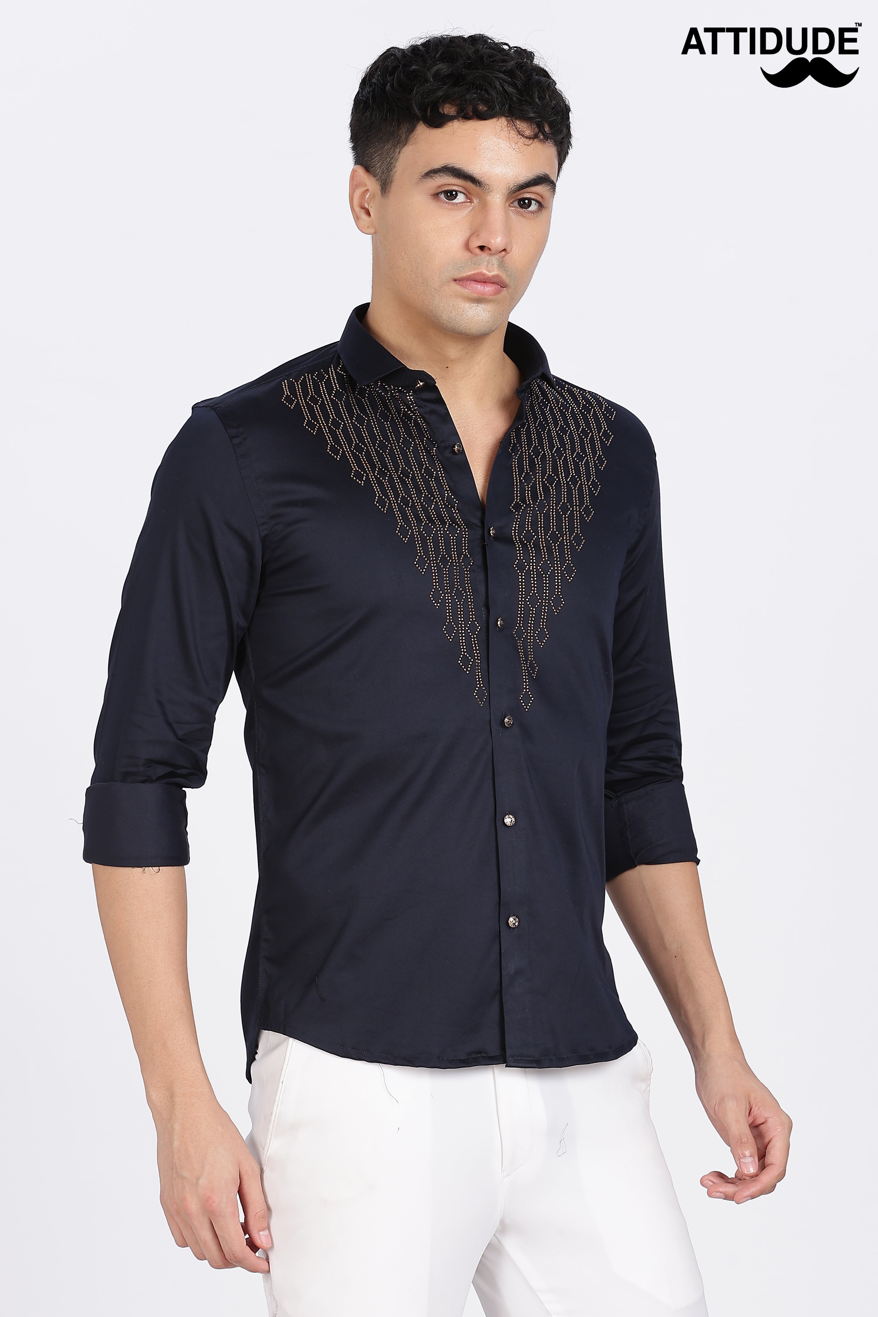 Navy Blue Dazzle Golden Accents Party wear Shirt