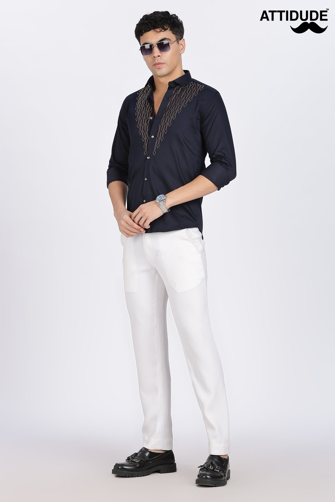 Navy Blue Dazzle Golden Accents Party wear Shirt (Article B0296)
