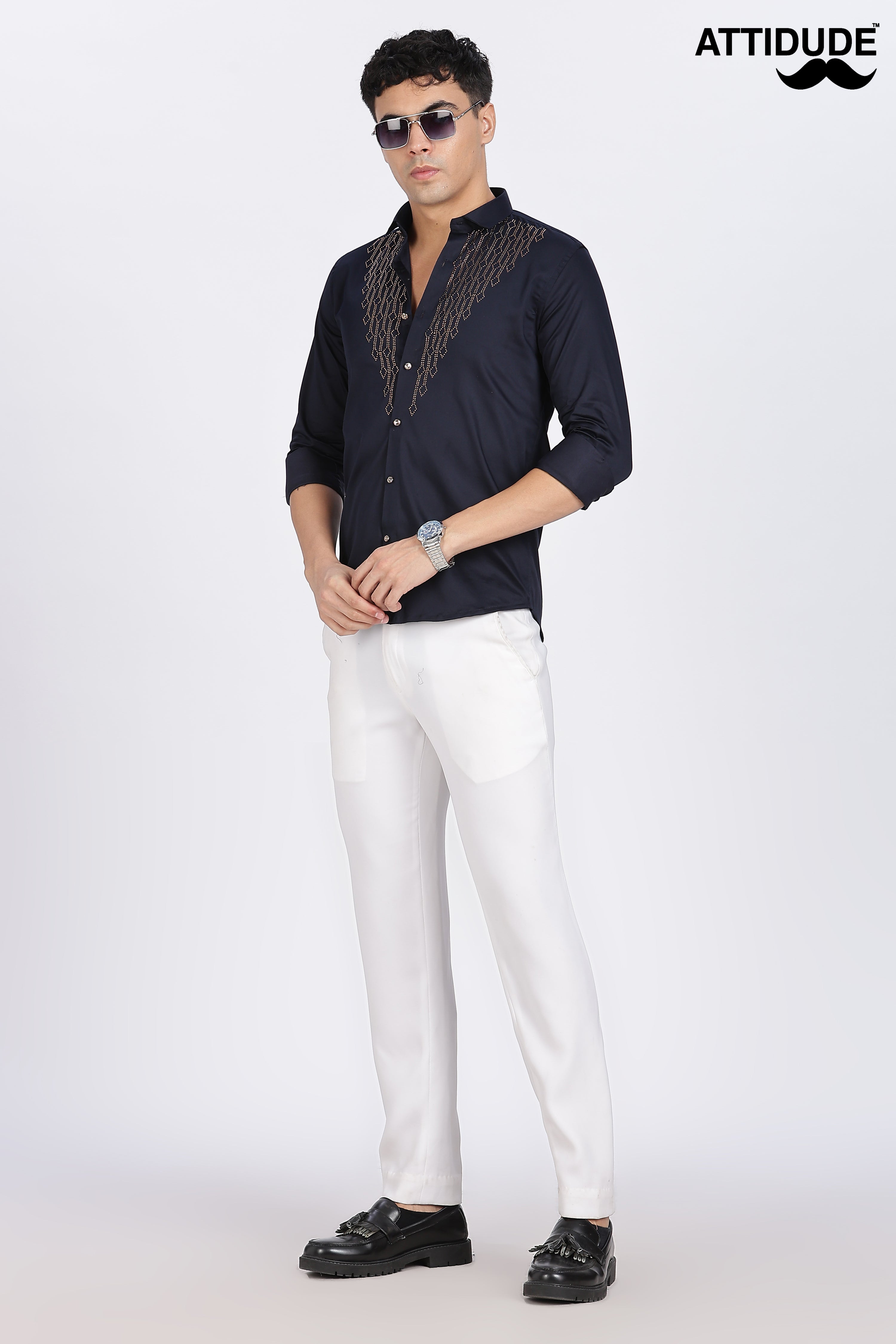 Navy Blue Dazzle Golden Accents Party wear Shirt