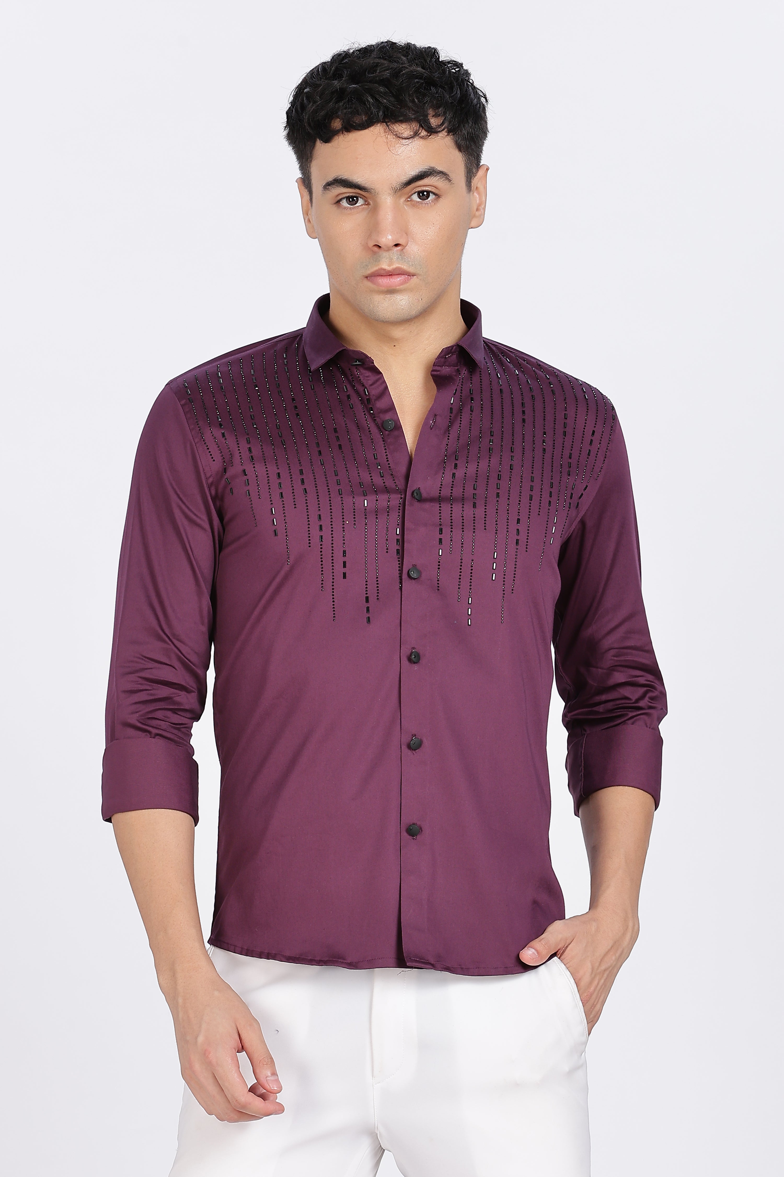 Burgundy Sparkly Beaded Full Sleeve Shirt