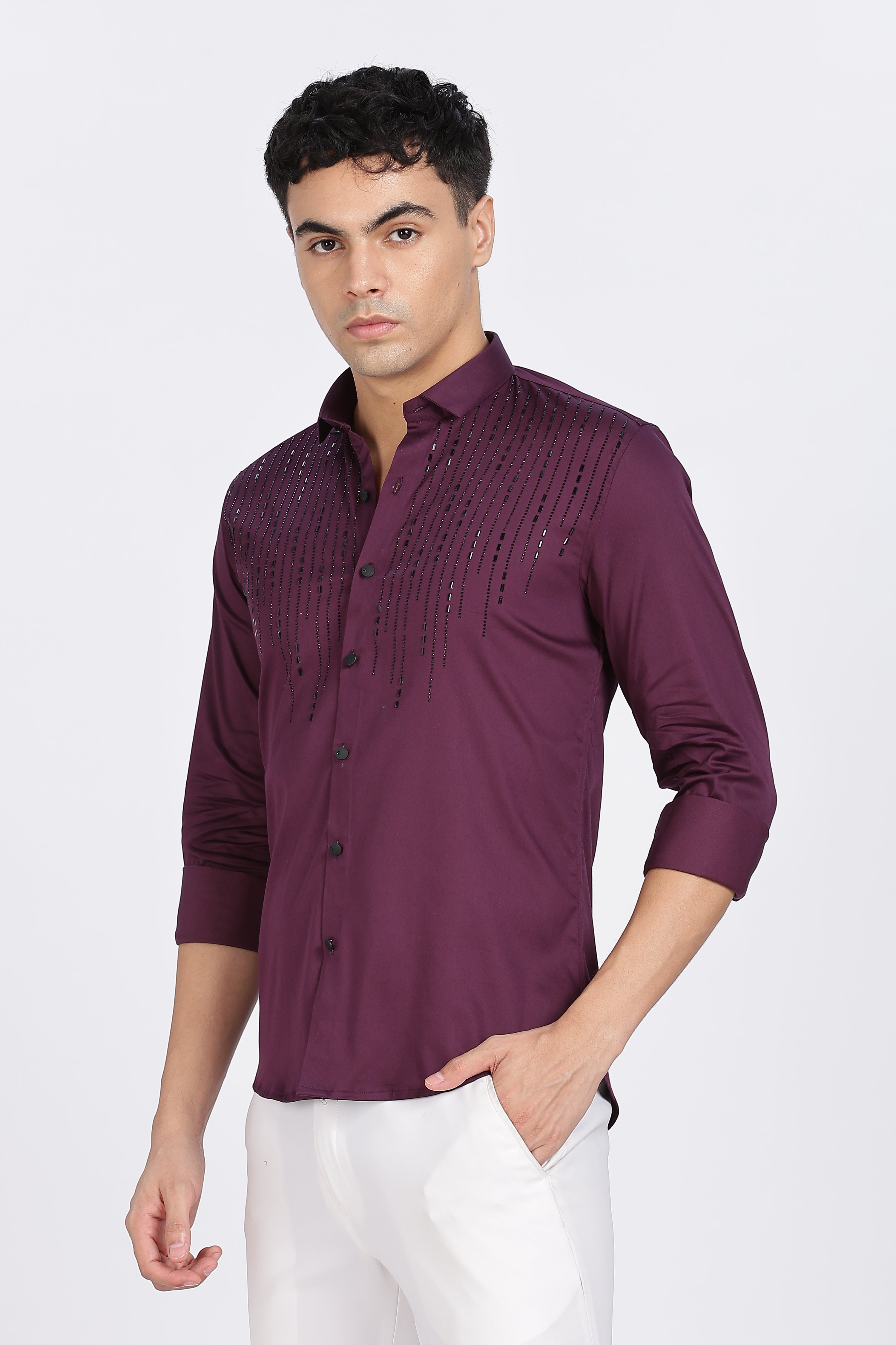 Burgundy Sparkly Beaded Full Sleeve Shirt