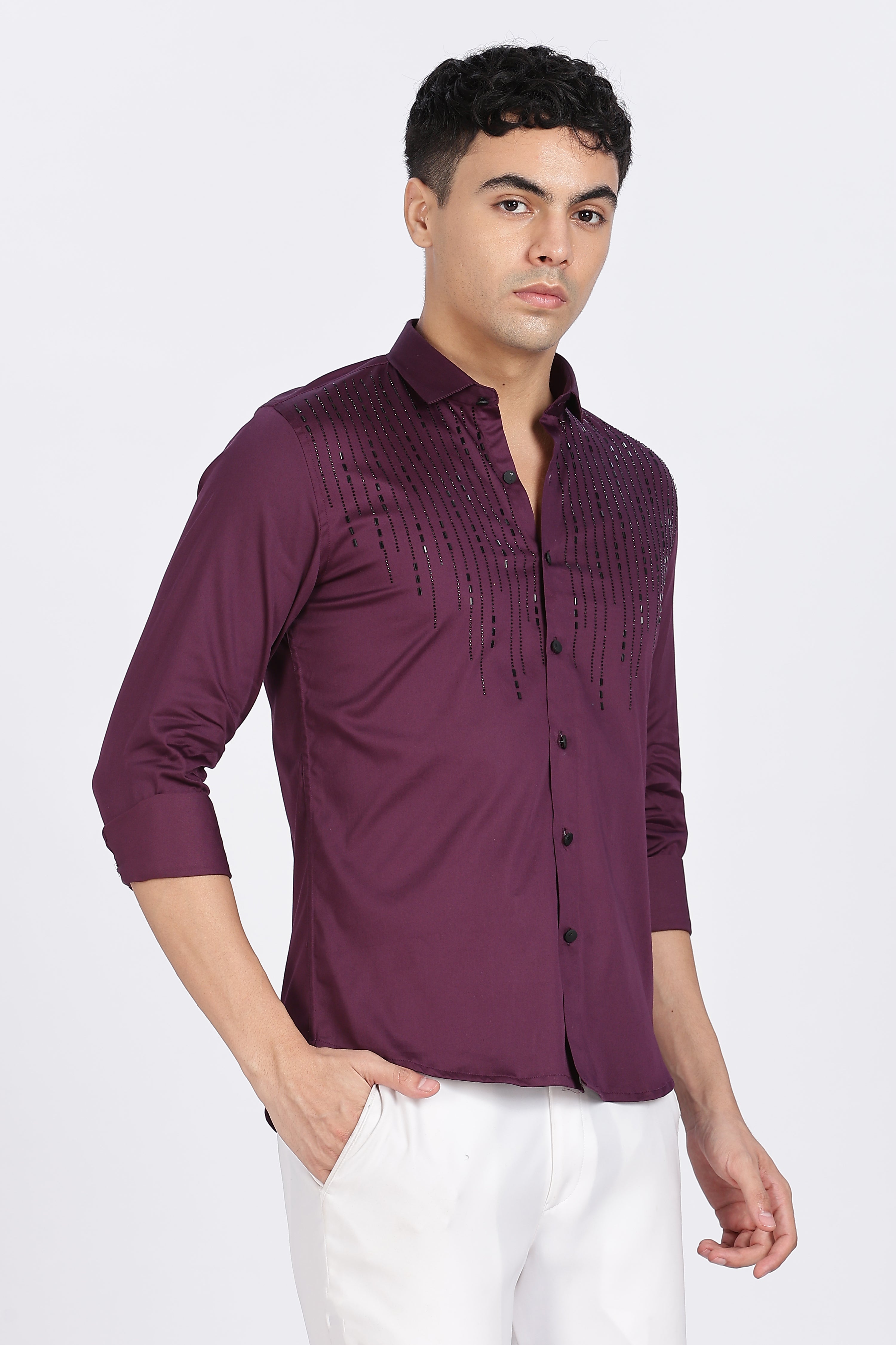 Burgundy Sparkly Beaded Full Sleeve Shirt