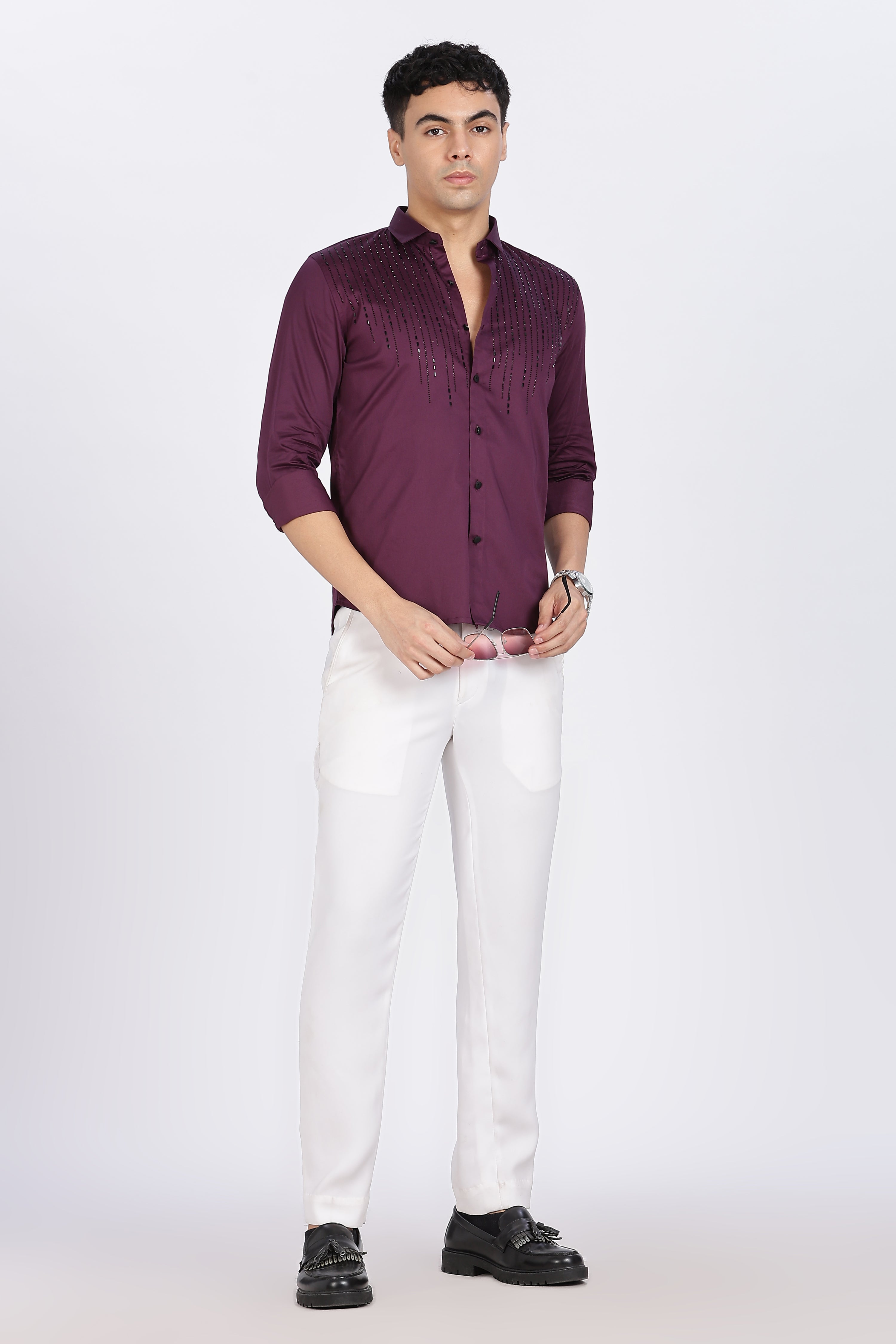 Burgundy Sparkly Beaded Full Sleeve Shirt