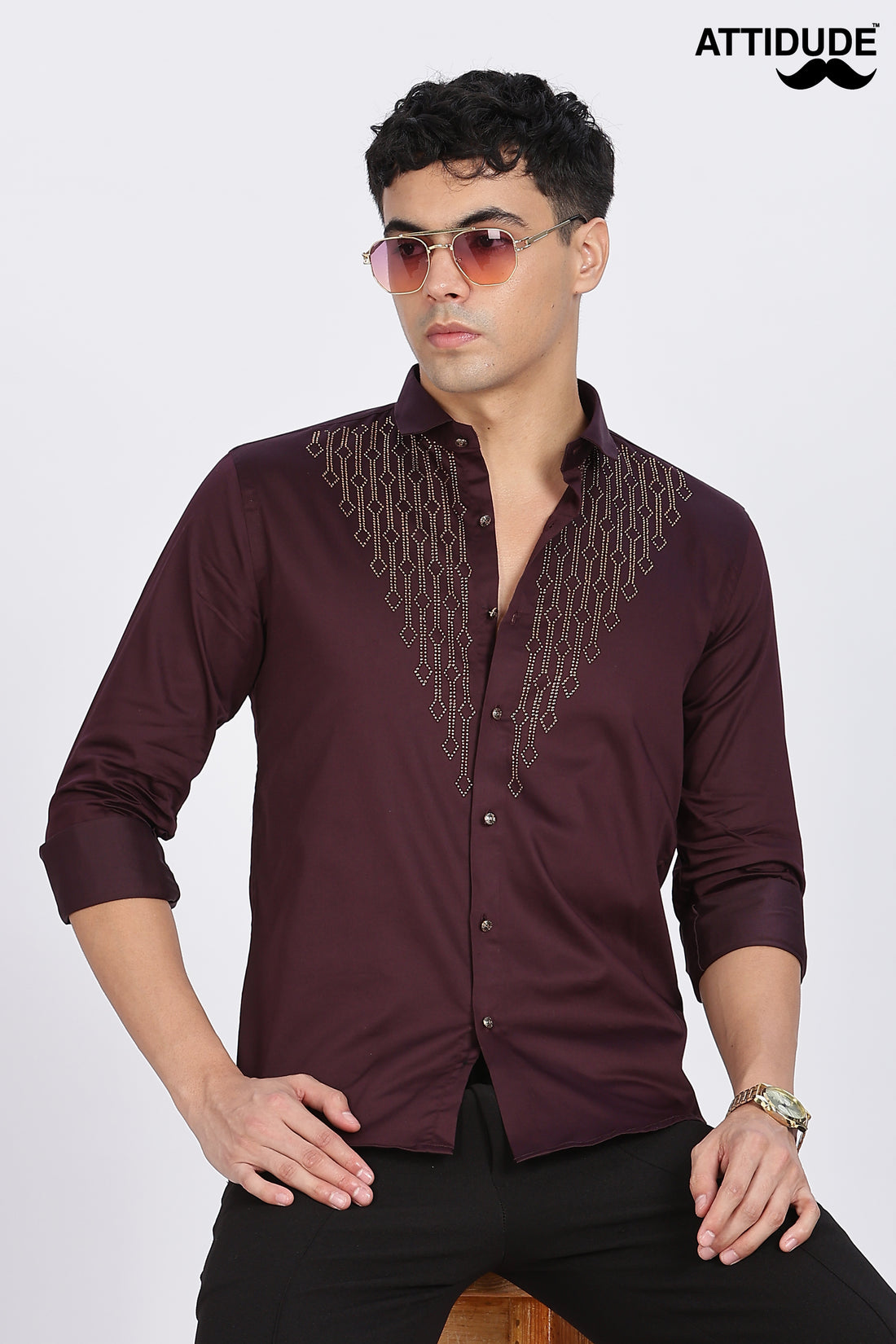 Maroon Dazzle Golden Accents Party wear Shirt (Article B0296)