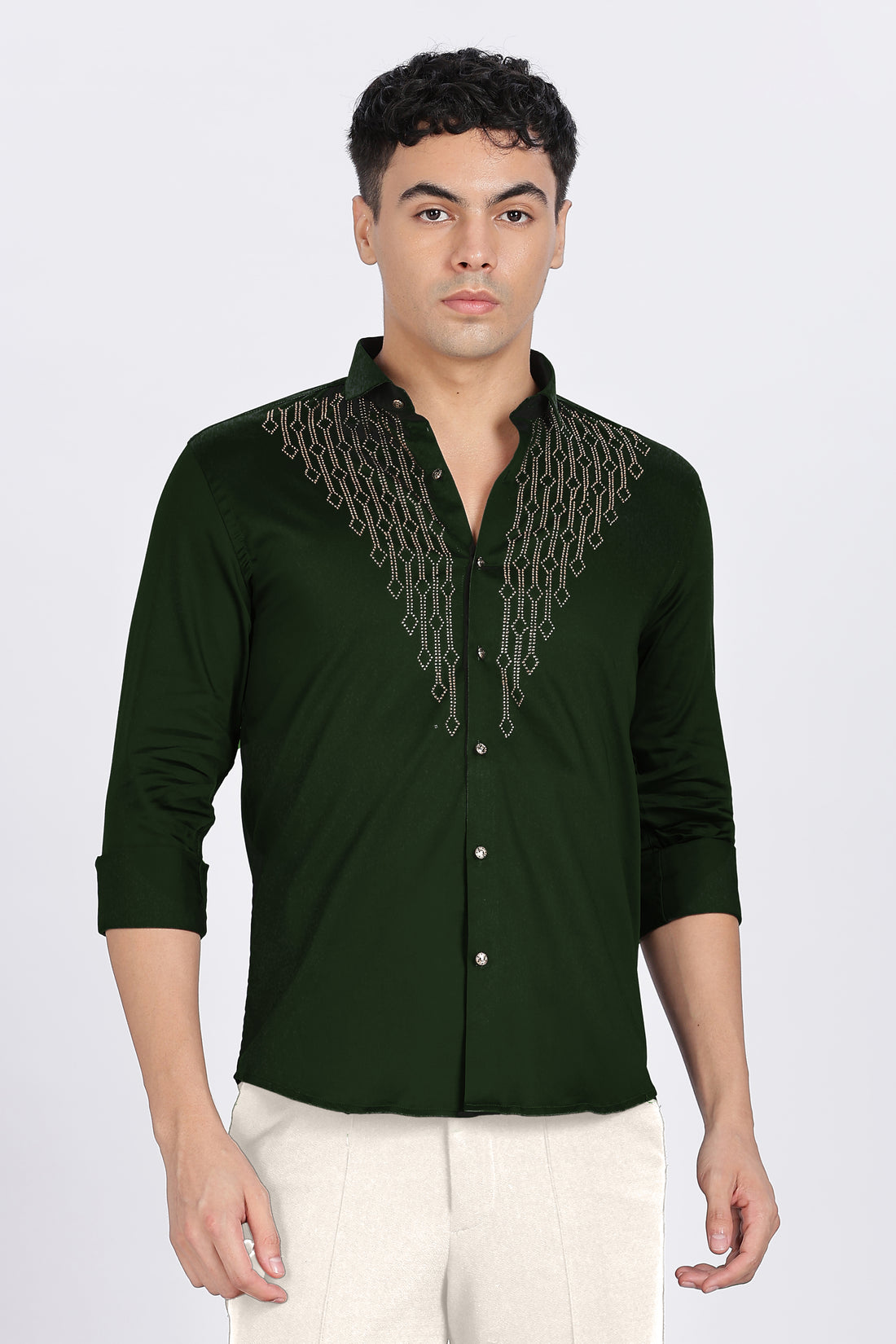 Green Dazzle Golden Accents Party wear Shirt (Article B0296)