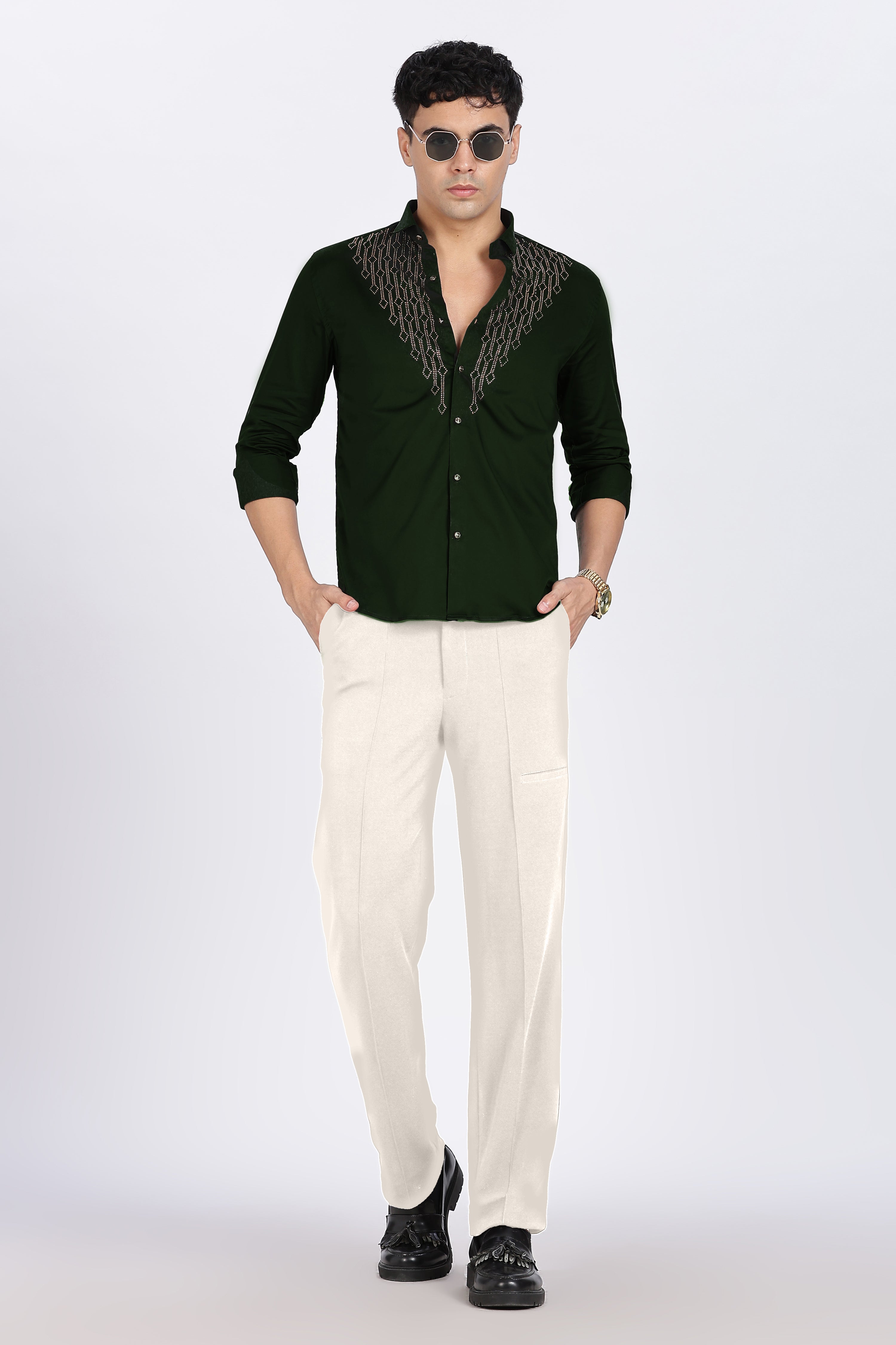 Green Dazzle Golden Accents Party wear Shirt