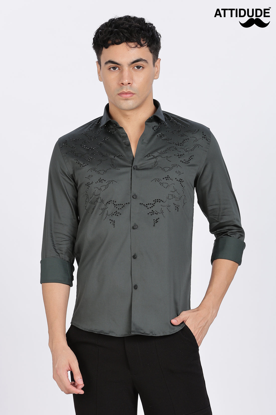 Green Stone work Embellished Full Sleeve Shirt (Article B0297)