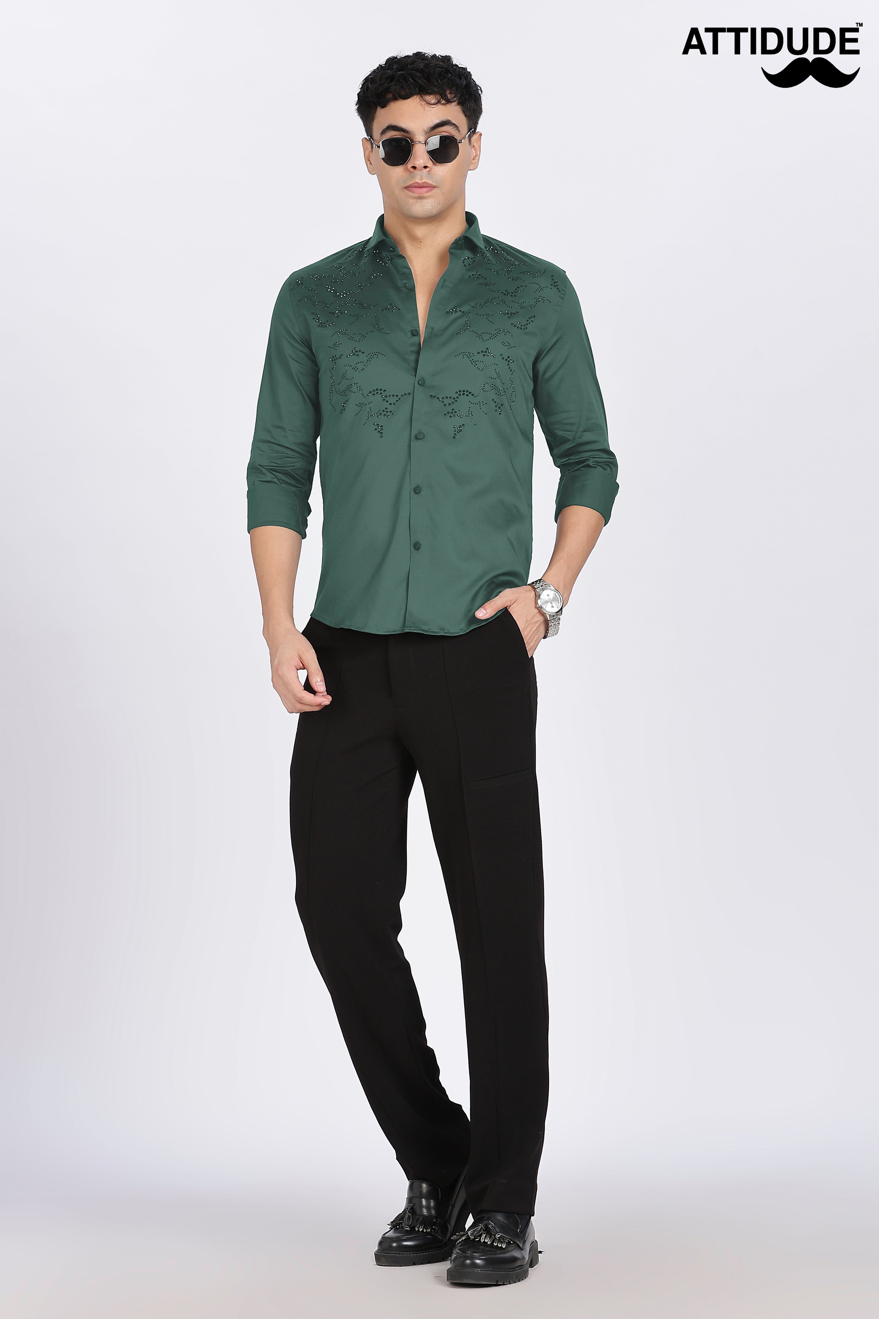 Green Stone work Embellished Full Sleeve Shirt