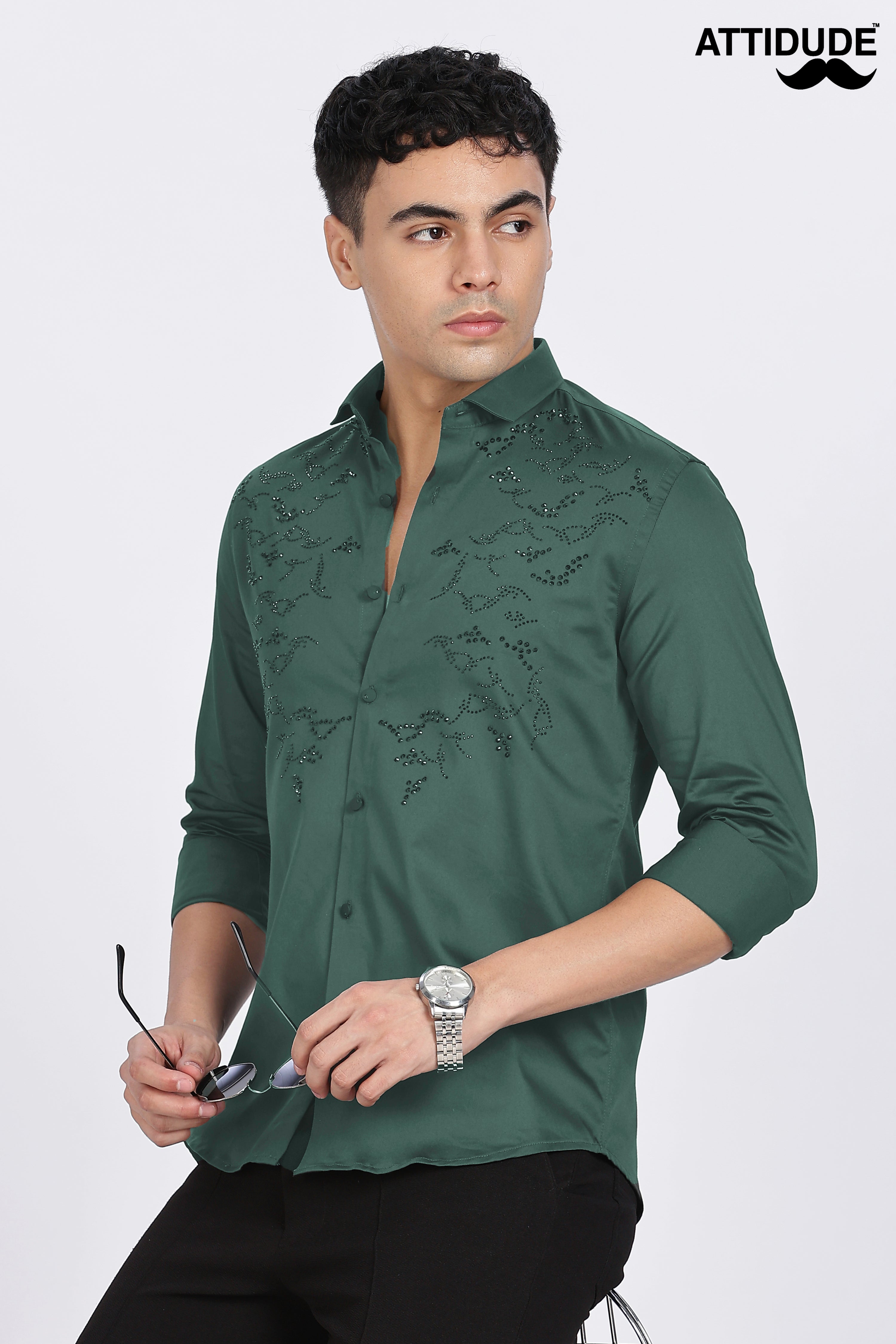 Green Stone work Embellished Full Sleeve Shirt