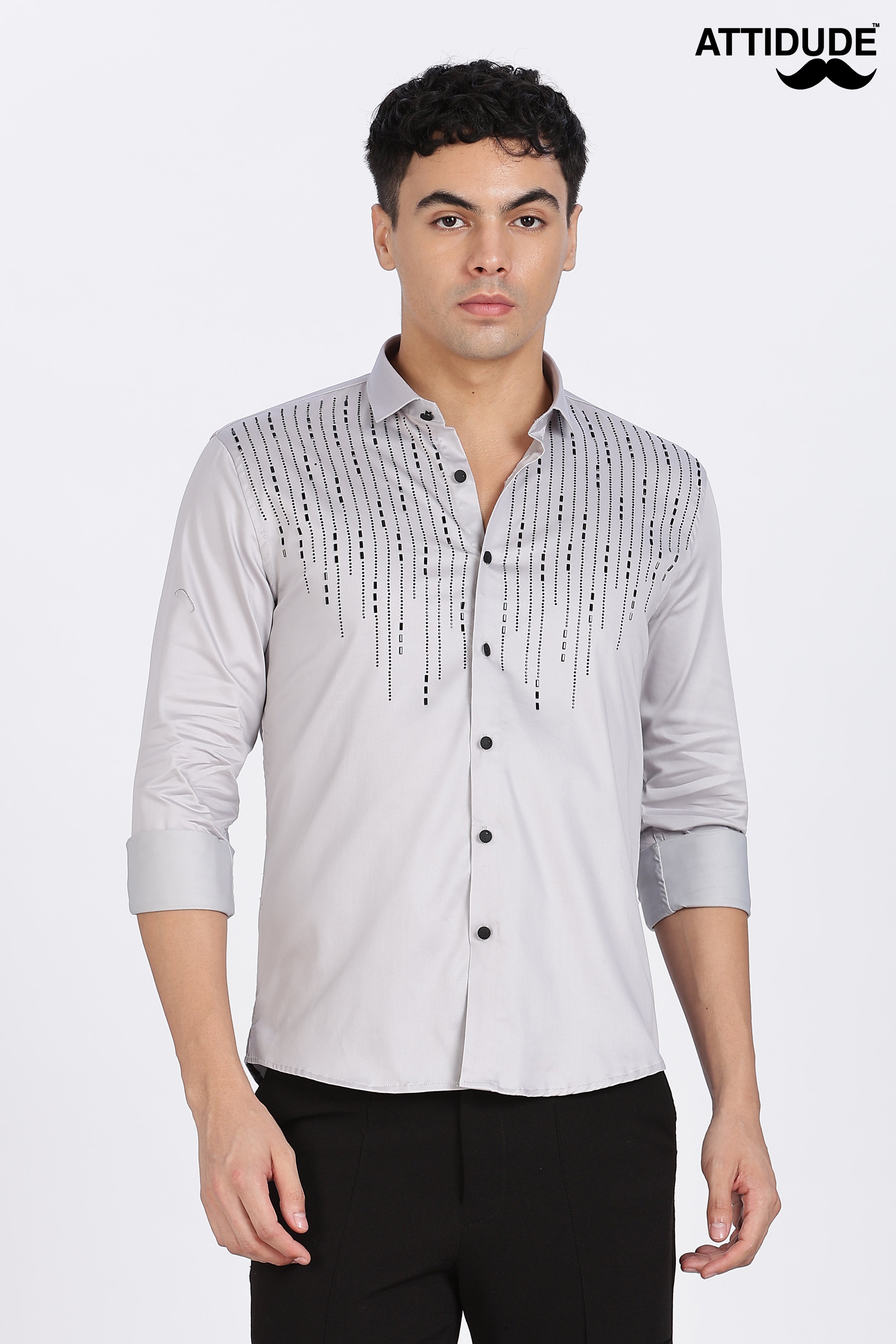 Grey Sparkly Beaded Full Sleeve Shirt