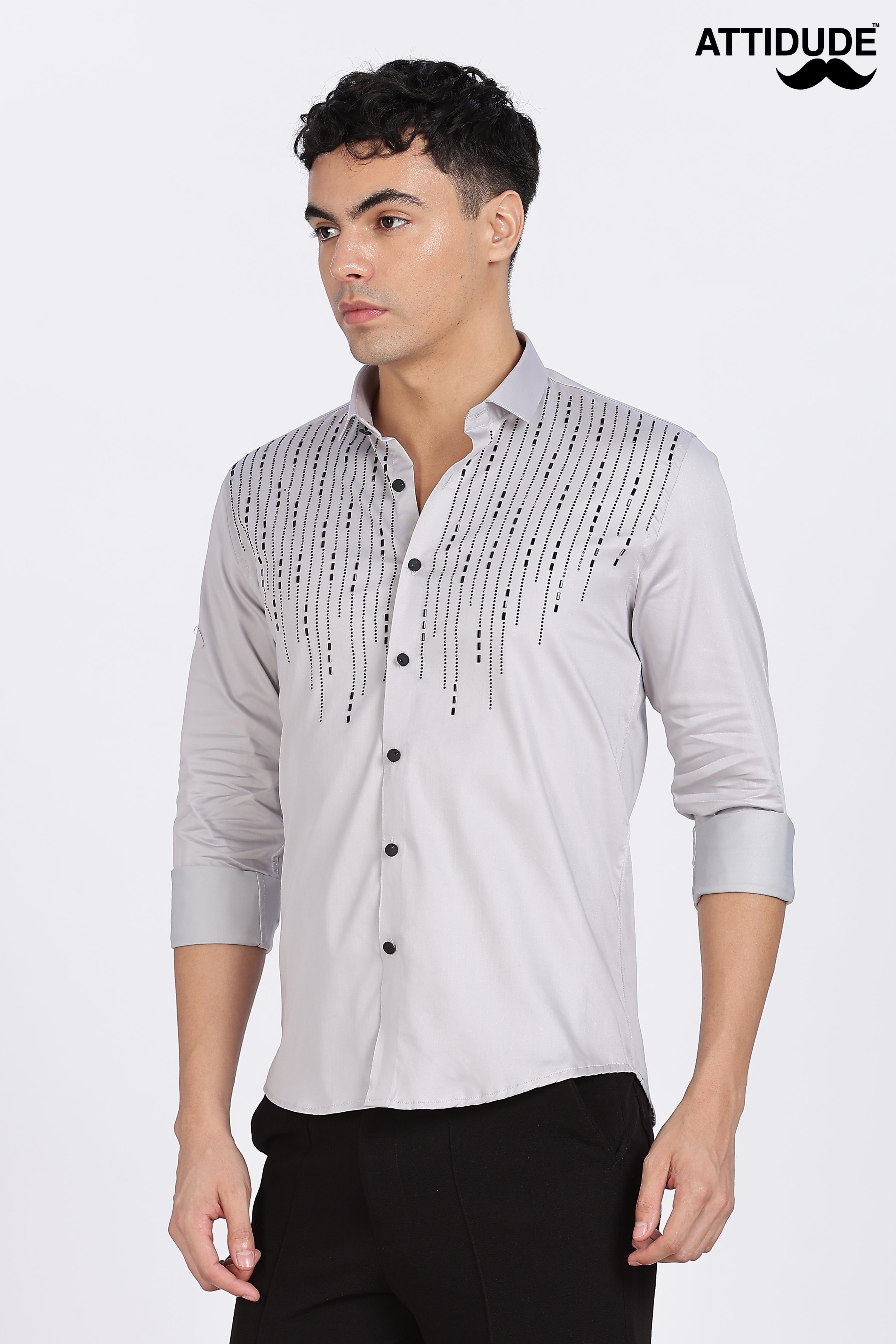 Grey Sparkly Beaded Full Sleeve Shirt