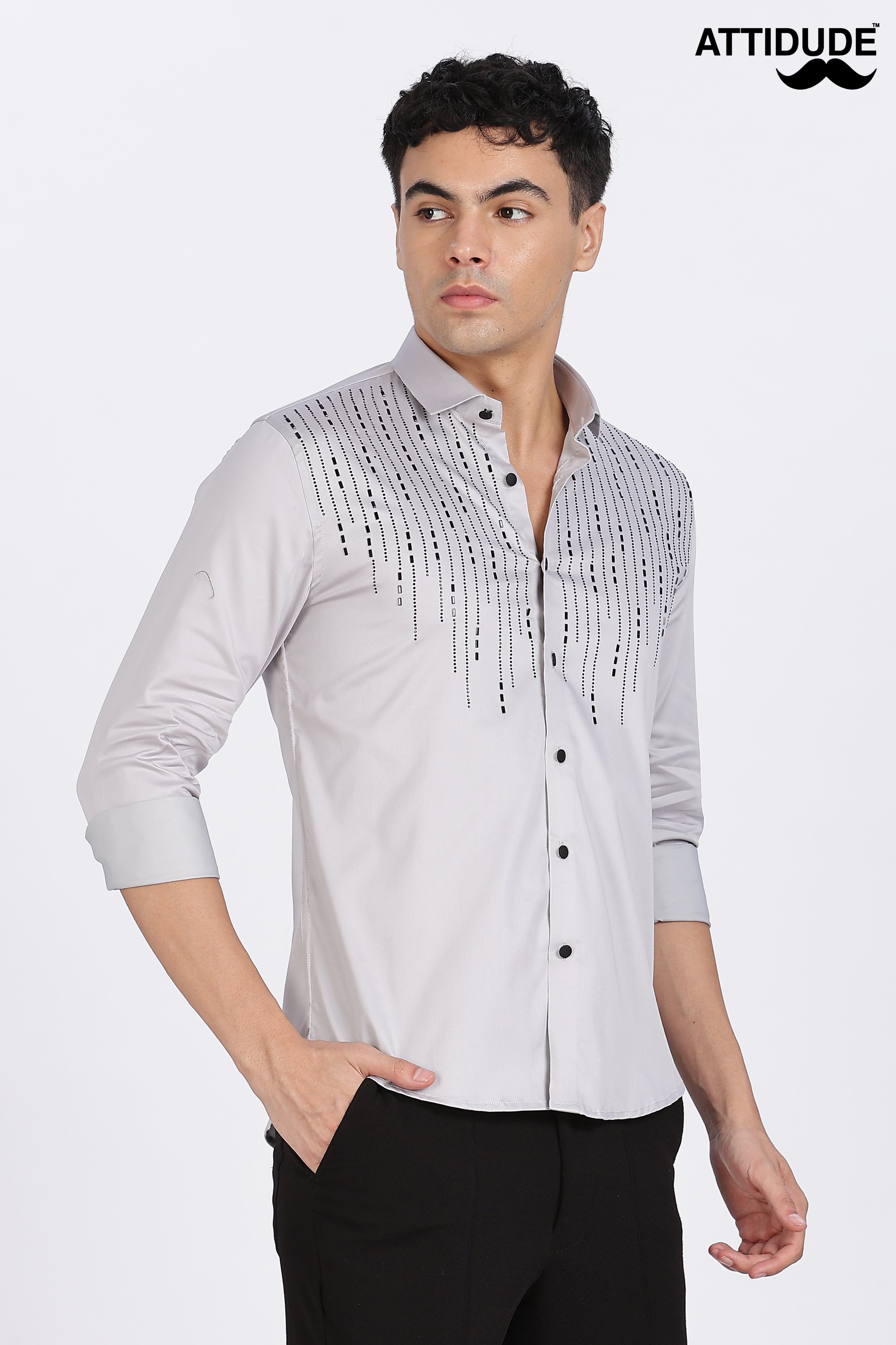 Grey Sparkly Beaded Full Sleeve Shirt