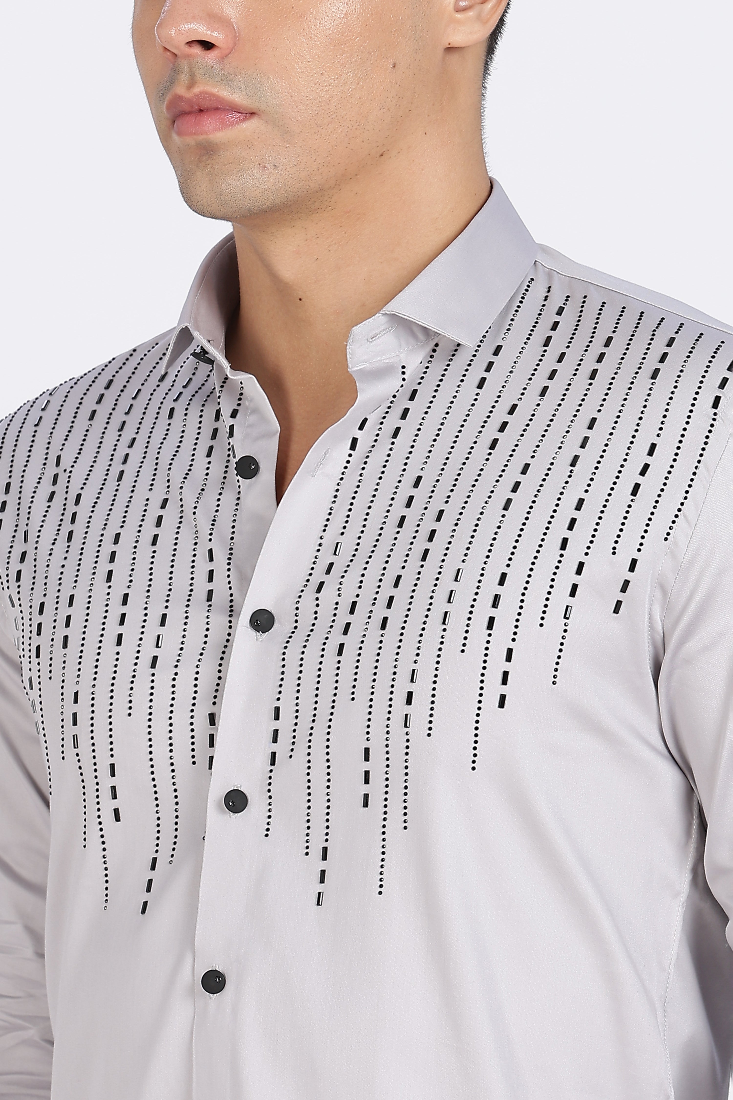 Grey Sparkly Beaded Full Sleeve Shirt