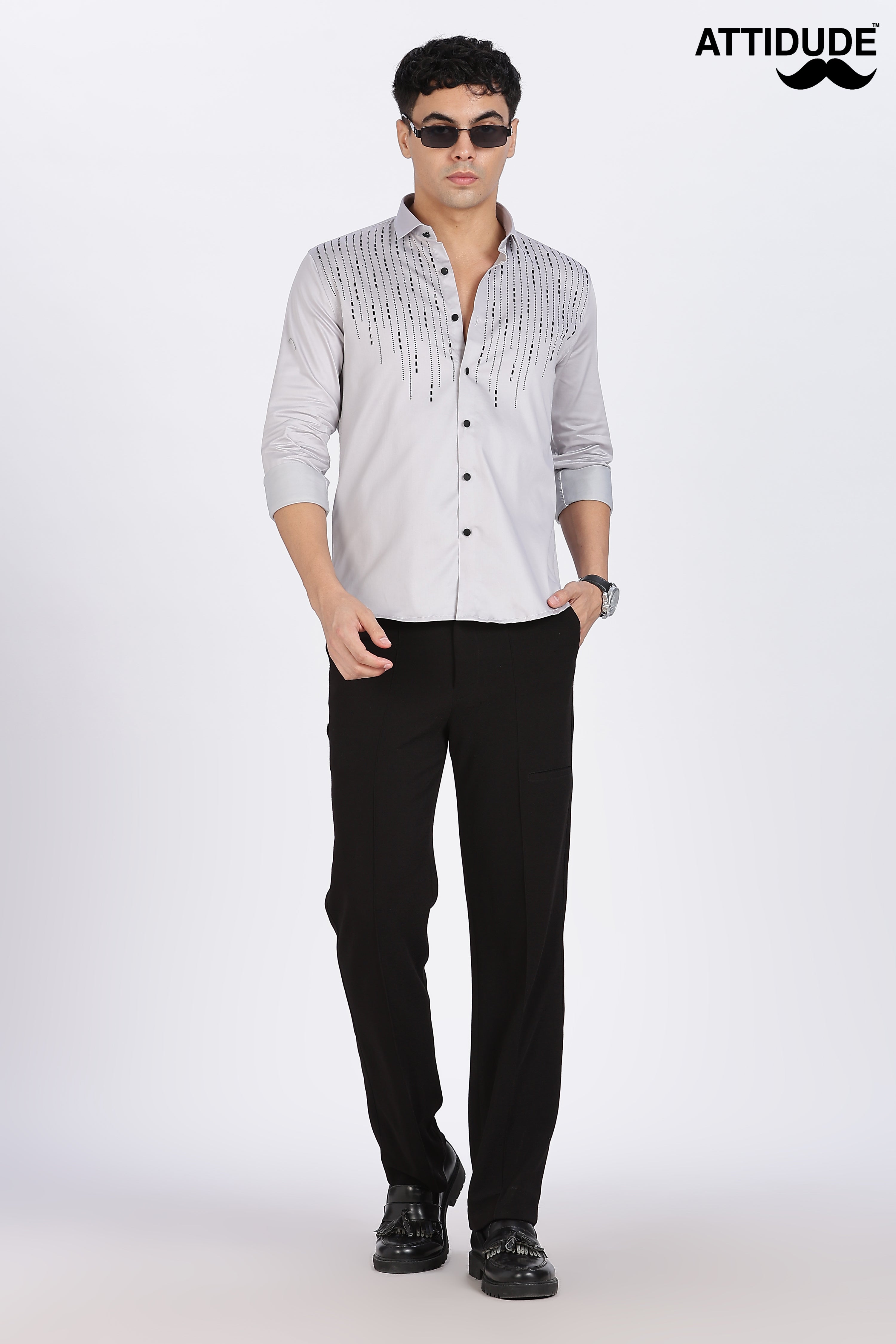 Grey Sparkly Beaded Full Sleeve Shirt