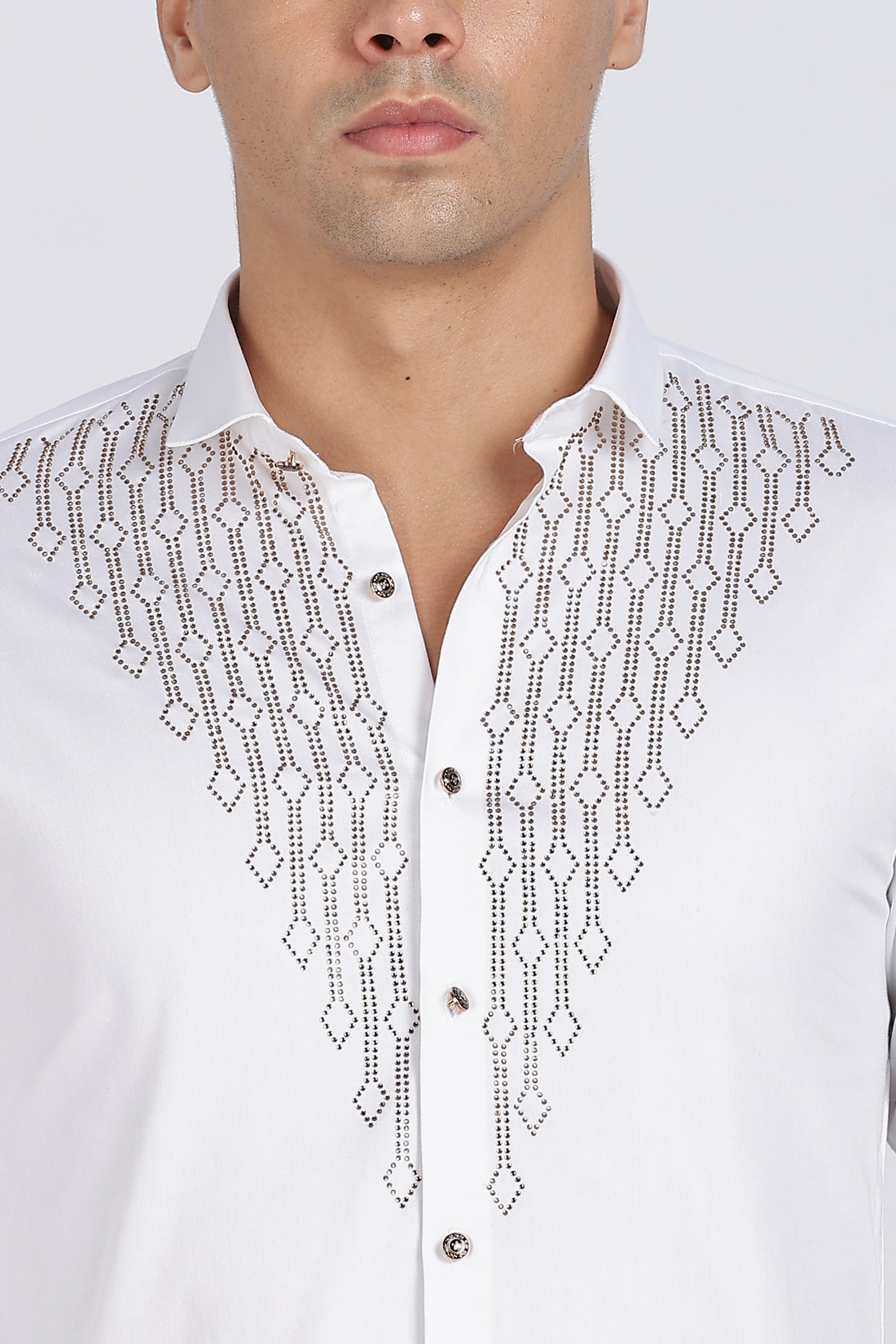 White Dazzle Golden Accents Party wear Shirt (Article B0296)