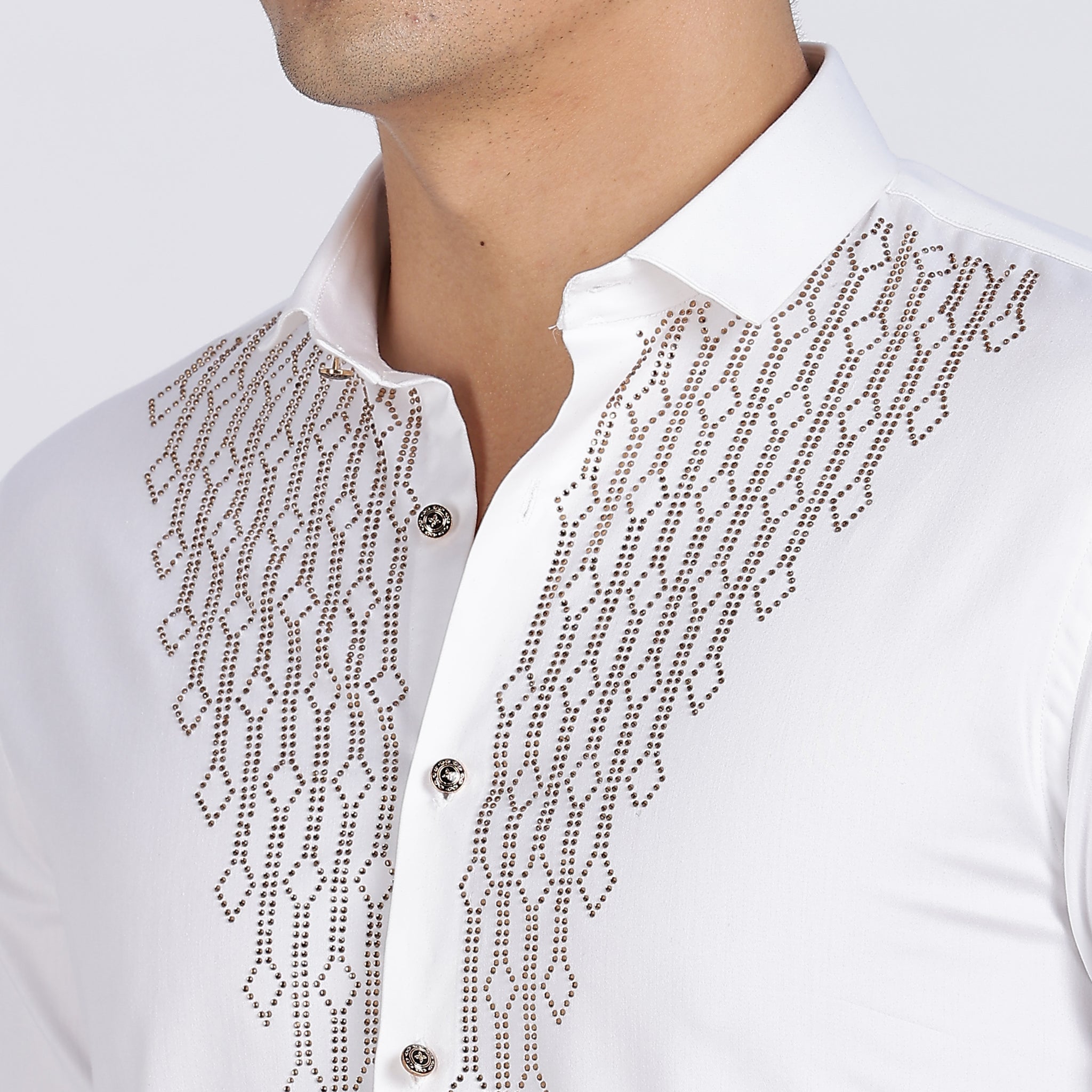 White Dazzle Golden Accents Party wear Shirt (Article B0296)