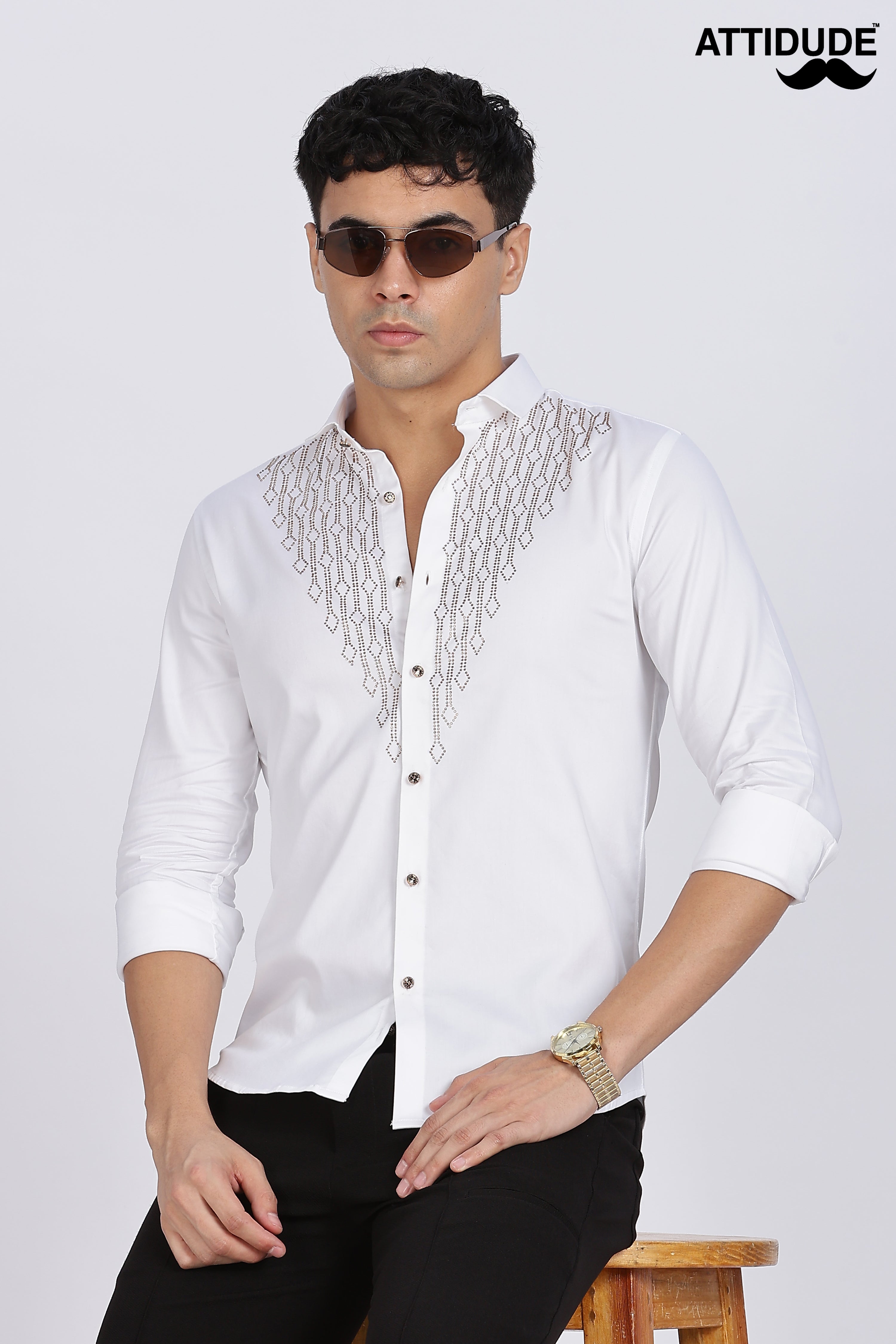 White Dazzle Golden Accents Party wear Shirt