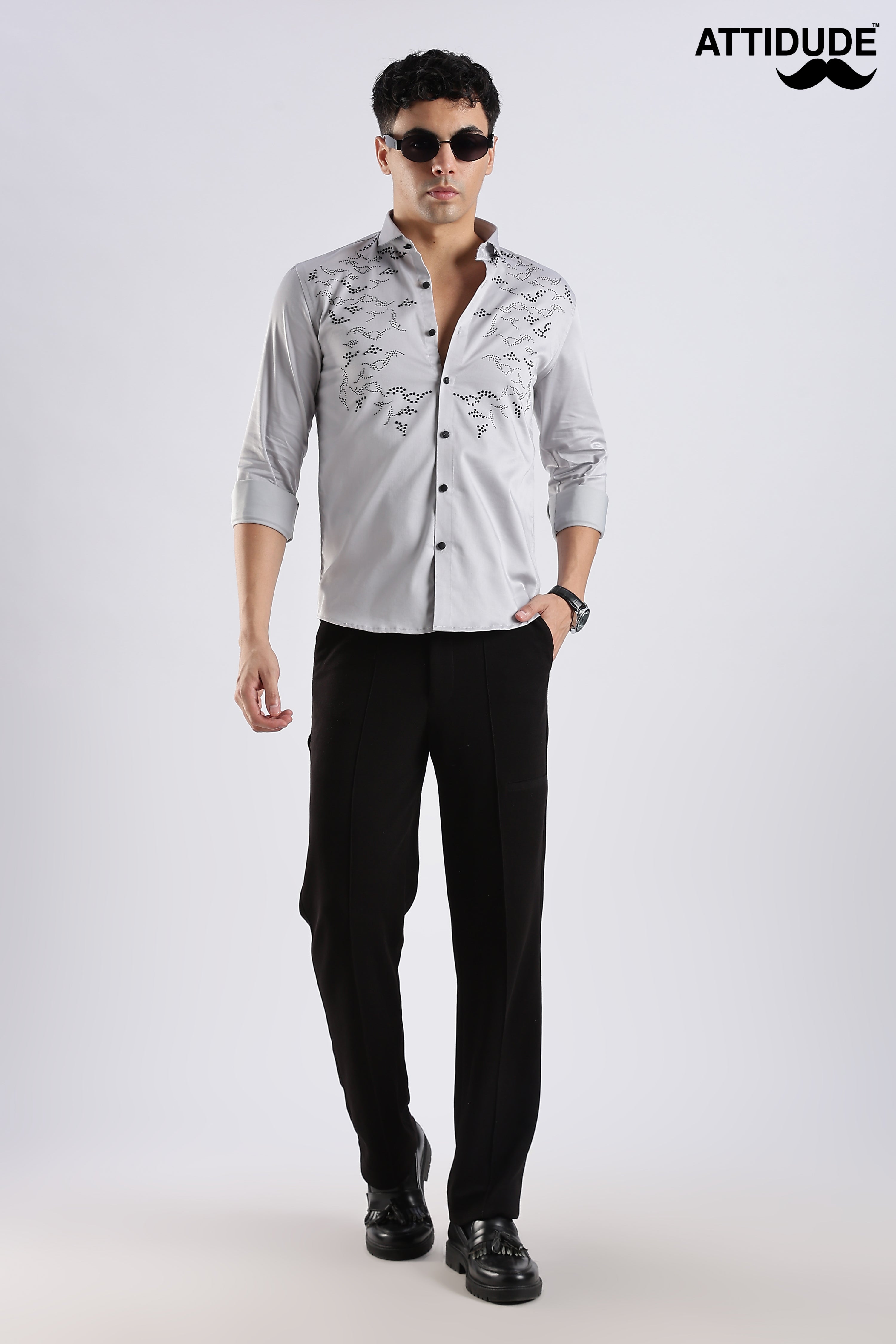 Grey Full Sleeve Stoned Shirt