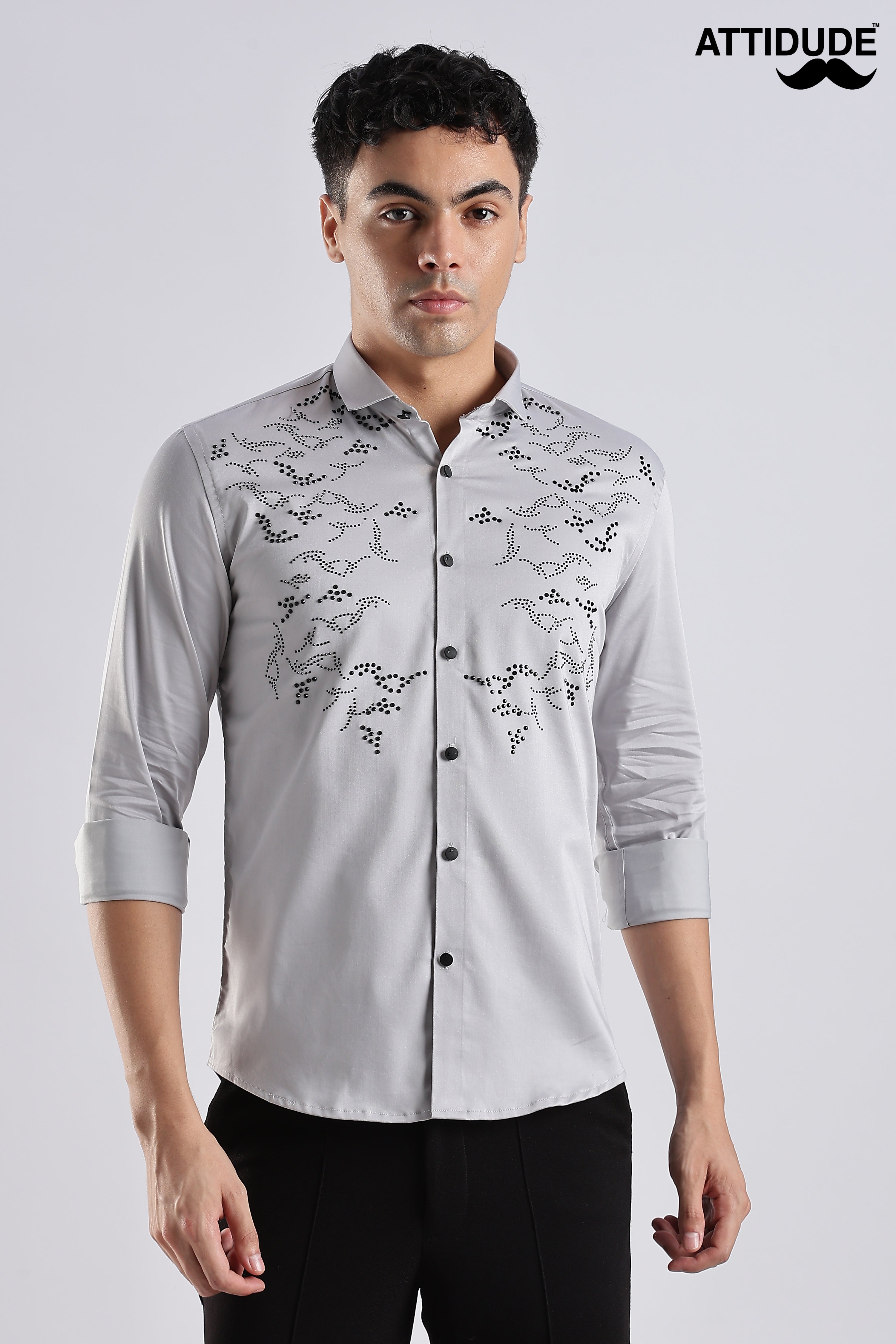 Grey Full Sleeve Stoned Shirt