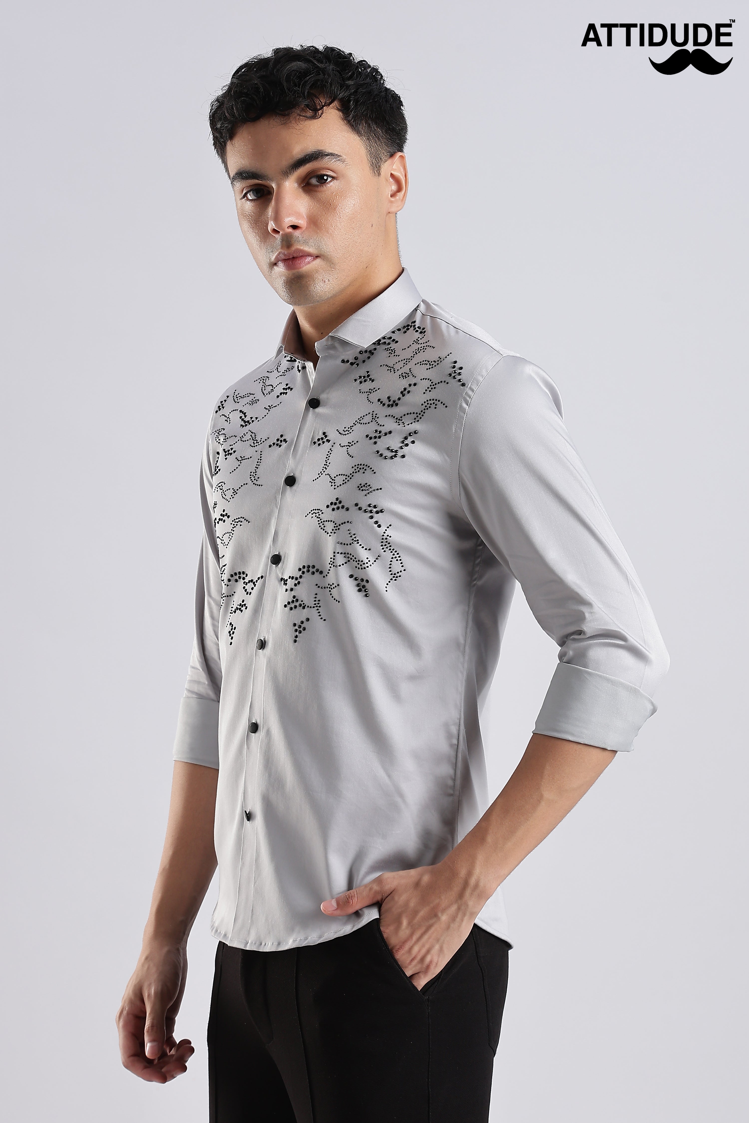 Grey Full Sleeve Stoned Shirt