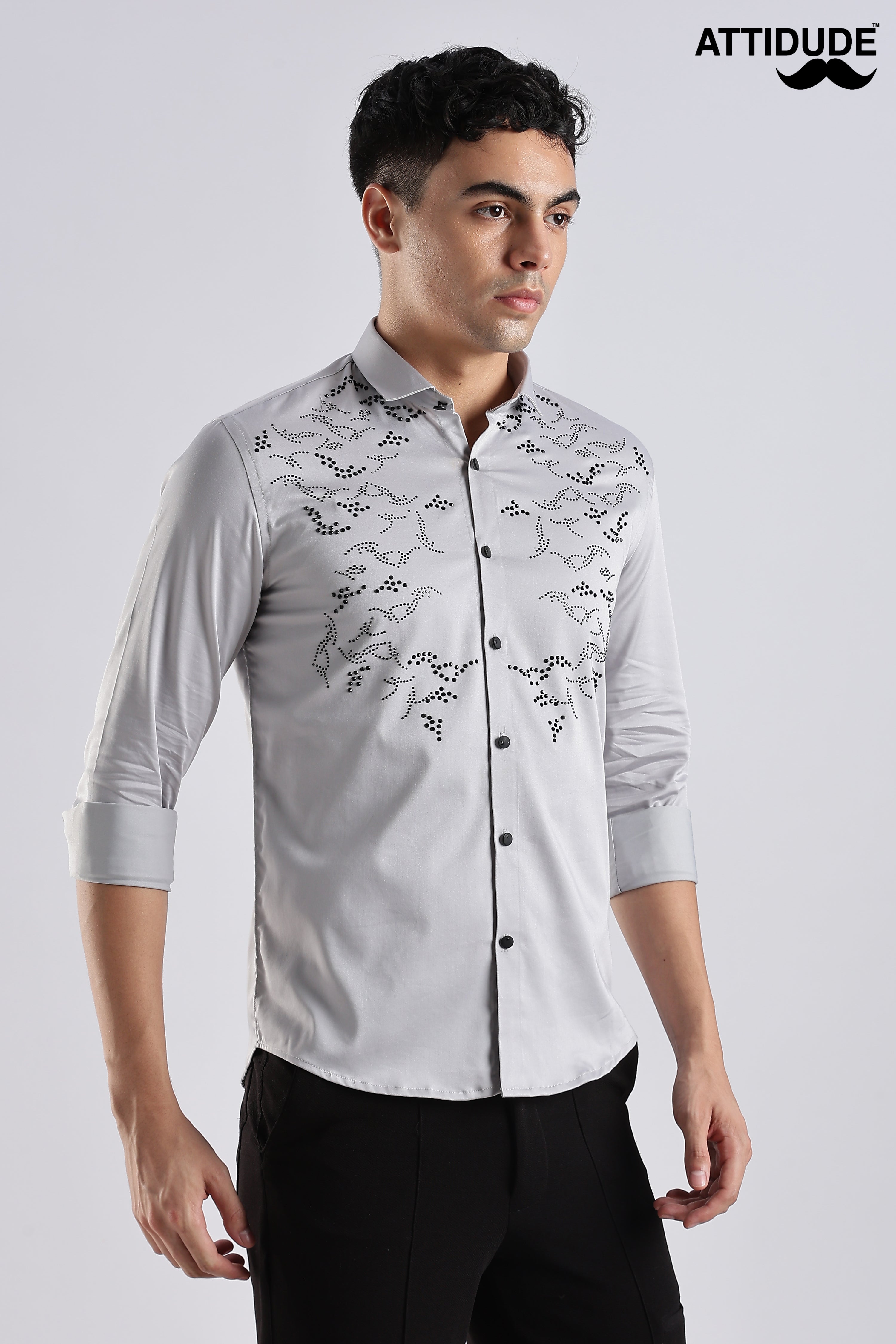 Grey Full Sleeve Stoned Shirt