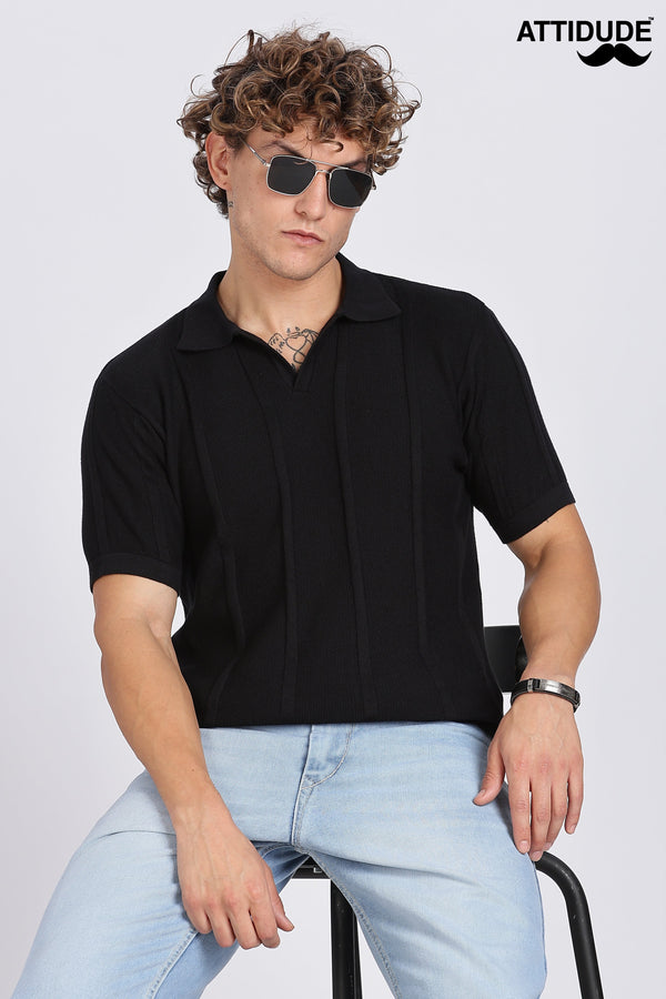 Black Urban Ribbed Knitted Polo