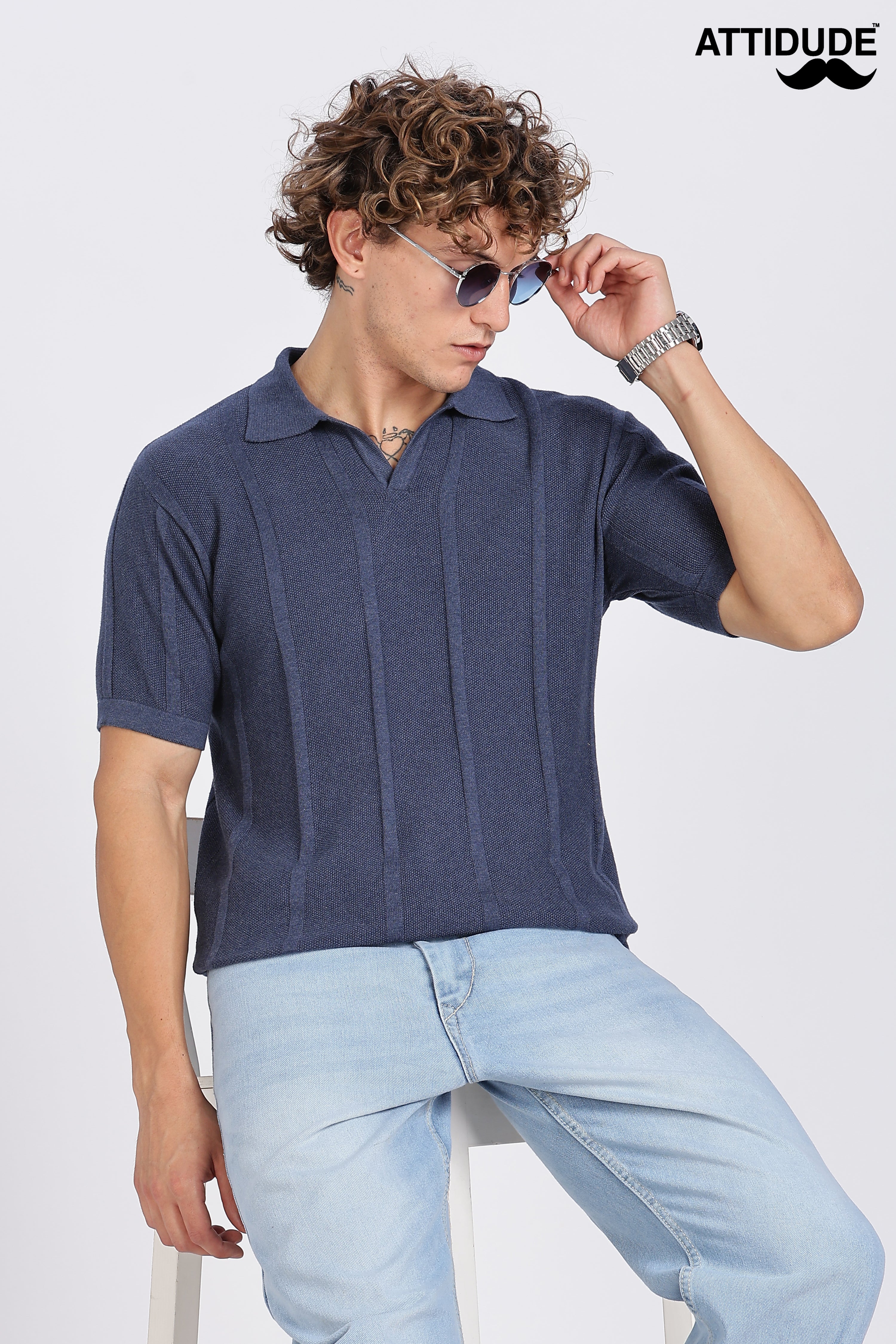Blue Urban Ribbed Knitted Polo