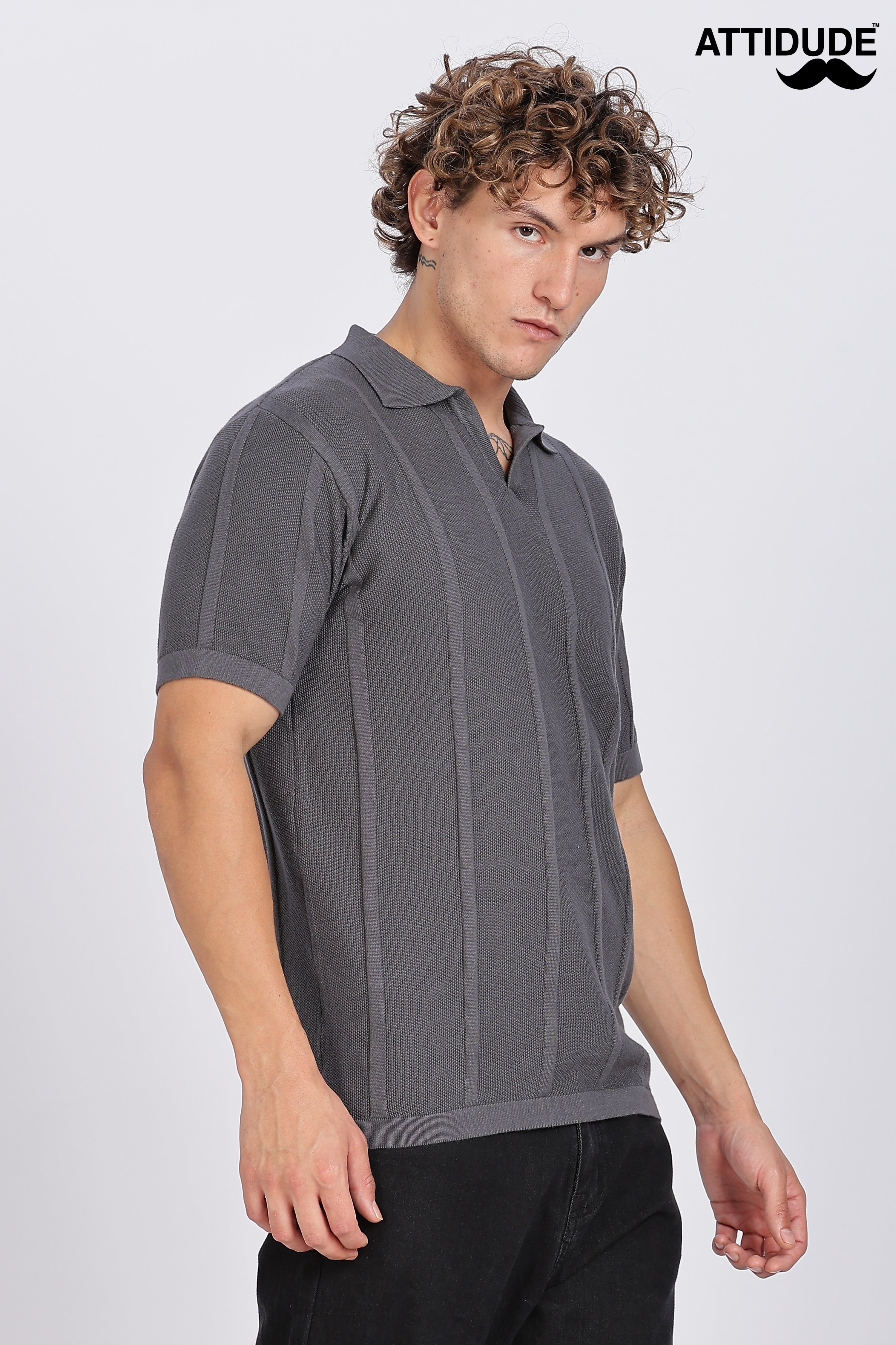 Charcoal Grey Urban Ribbed Knitted Polo