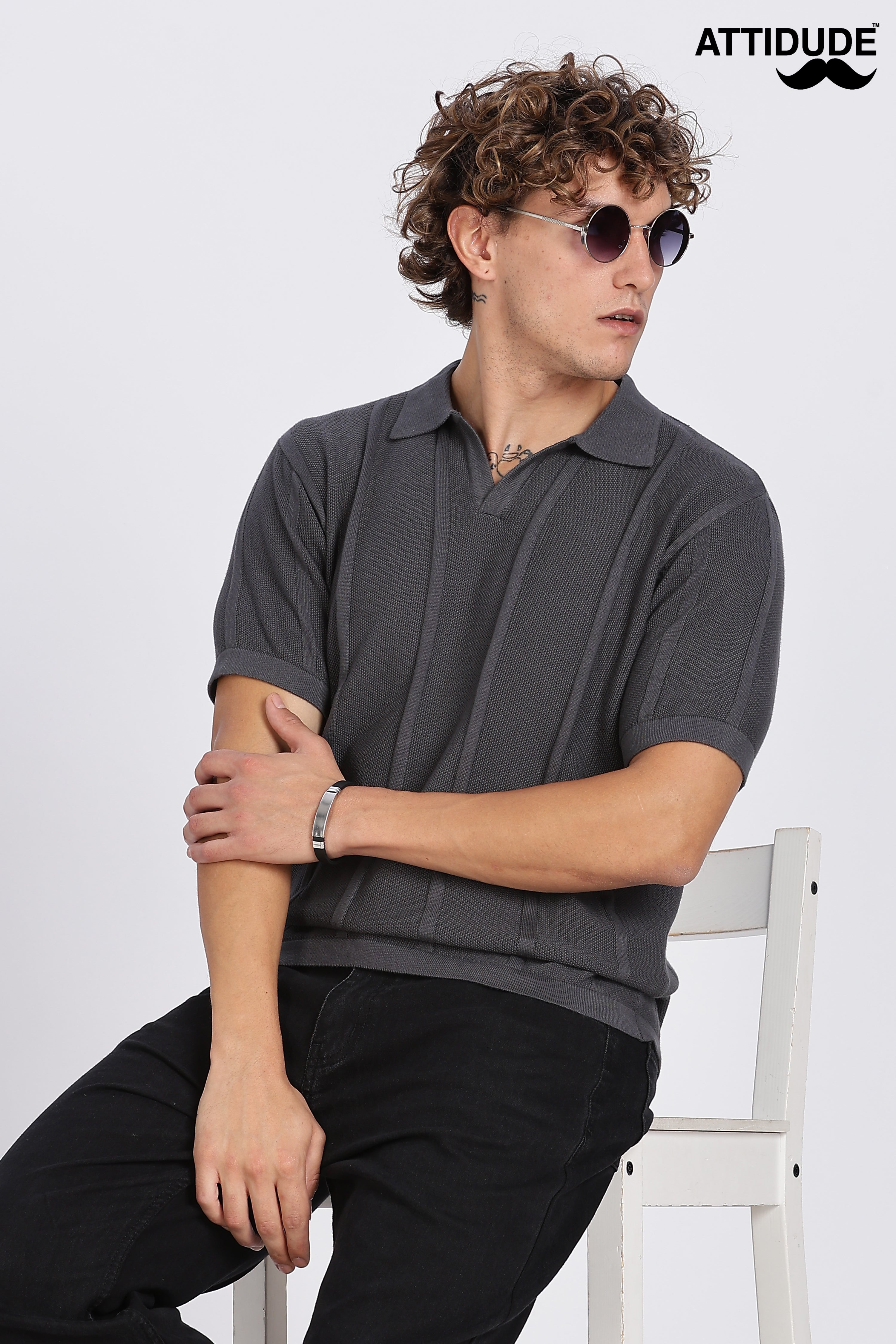 Charcoal Grey Urban Ribbed Knitted Polo