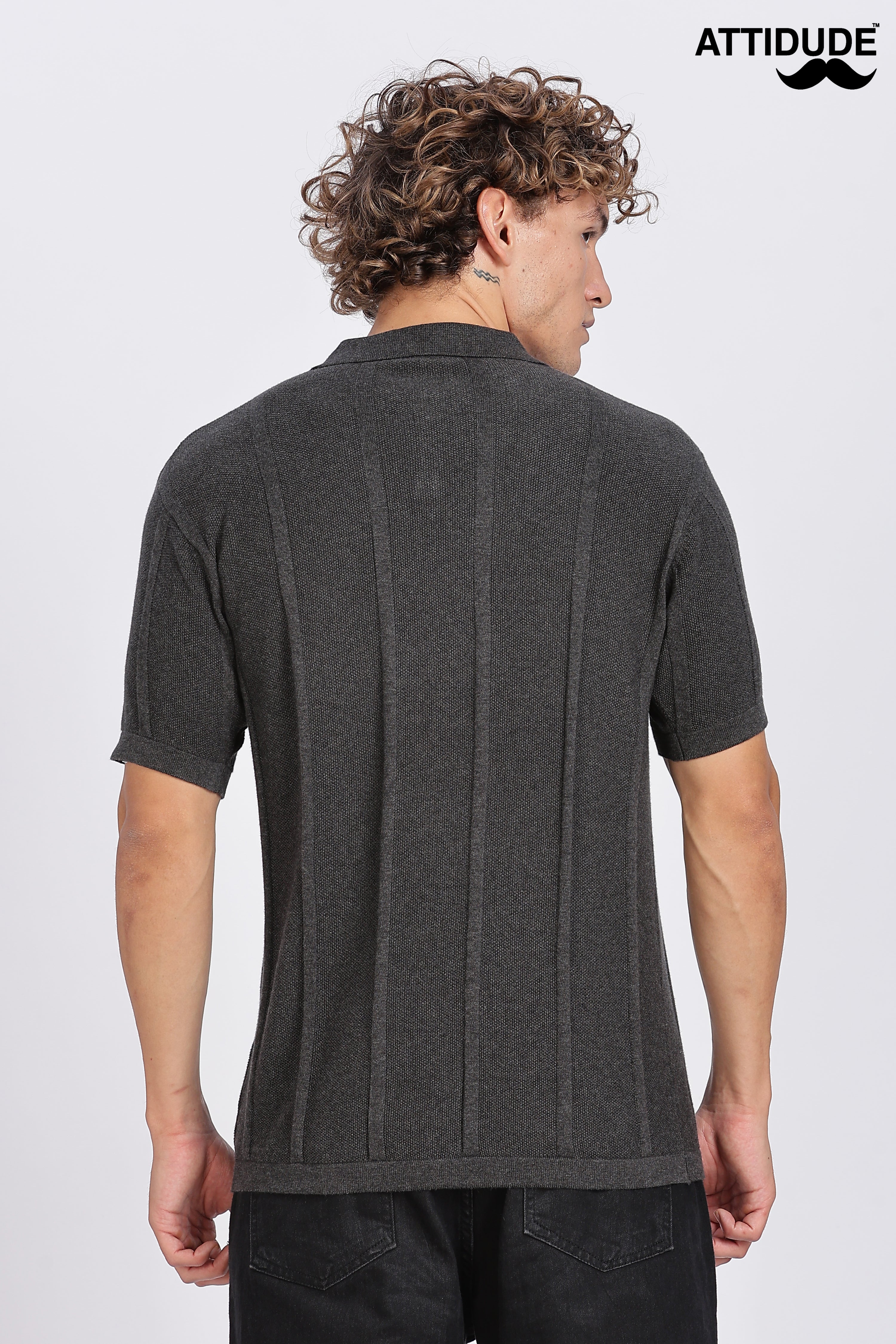 Charcoal Black Urban Ribbed Knitted Polo