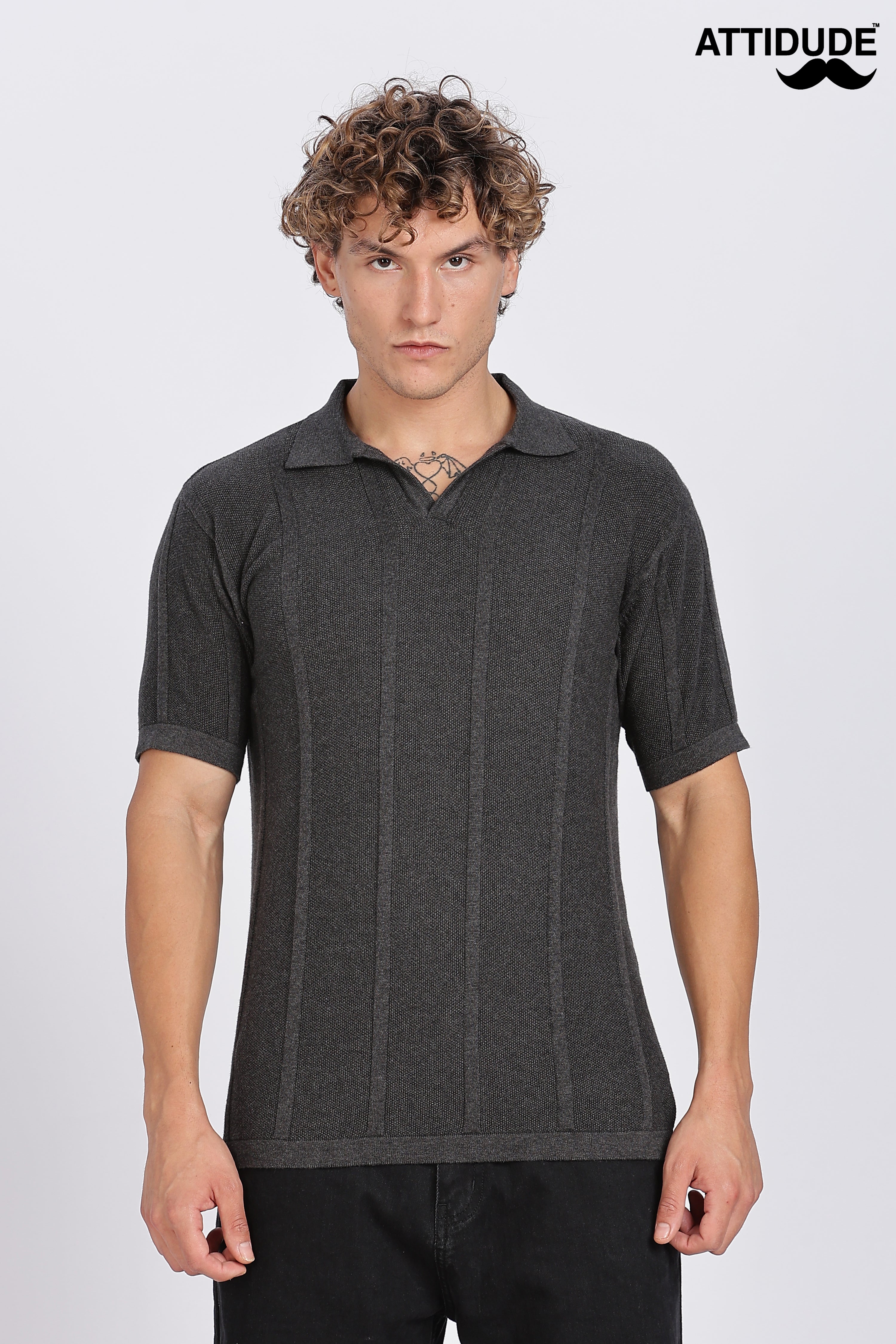 Charcoal Black Urban Ribbed Knitted Polo