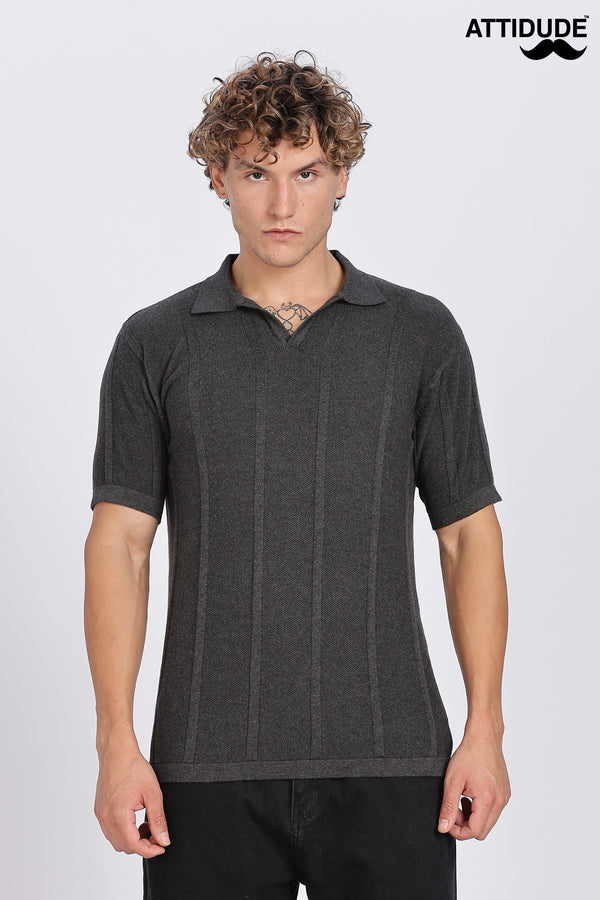 Charcoal Black Urban Ribbed Knitted Polo