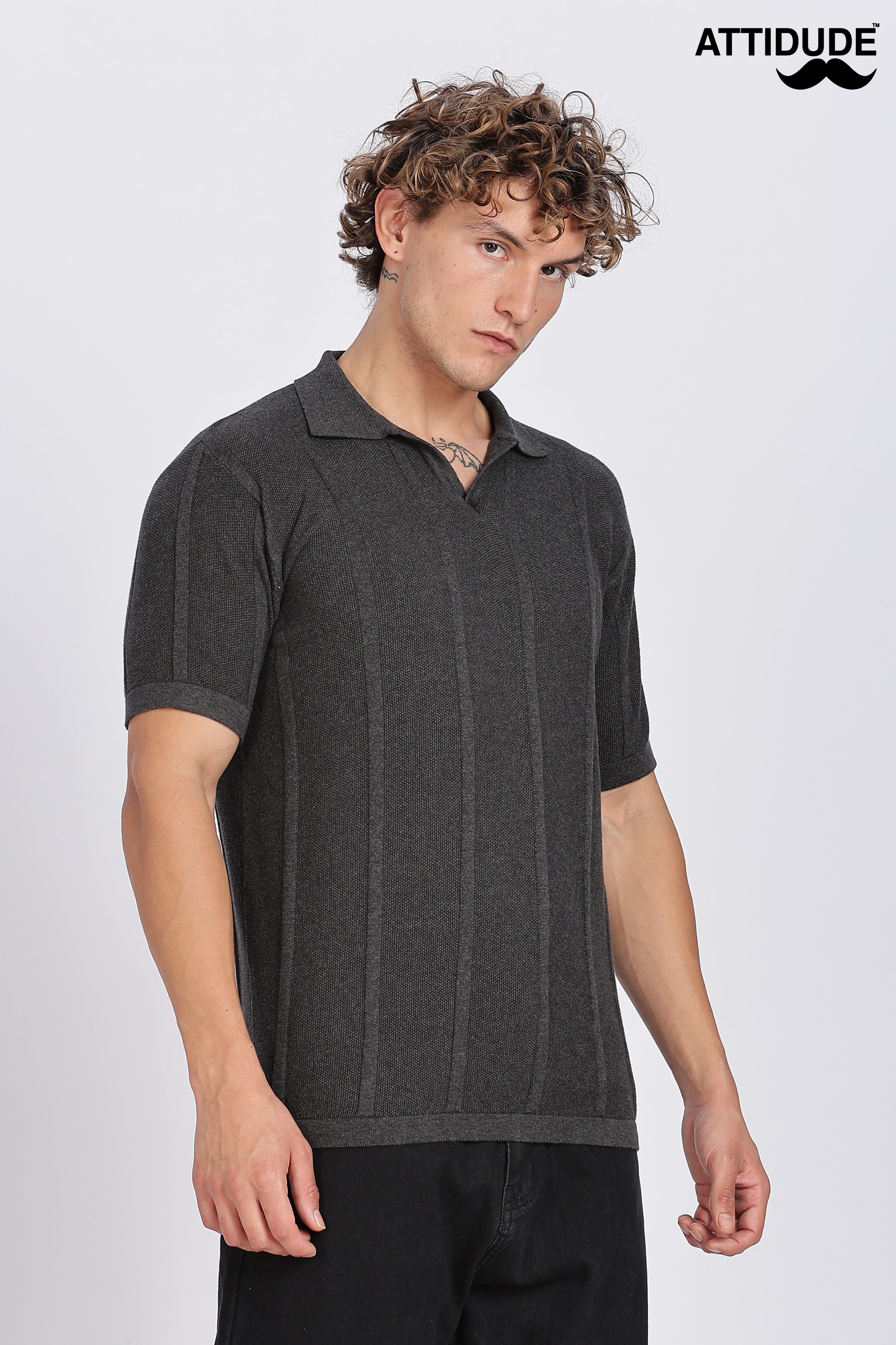 Charcoal Black Urban Ribbed Knitted Polo