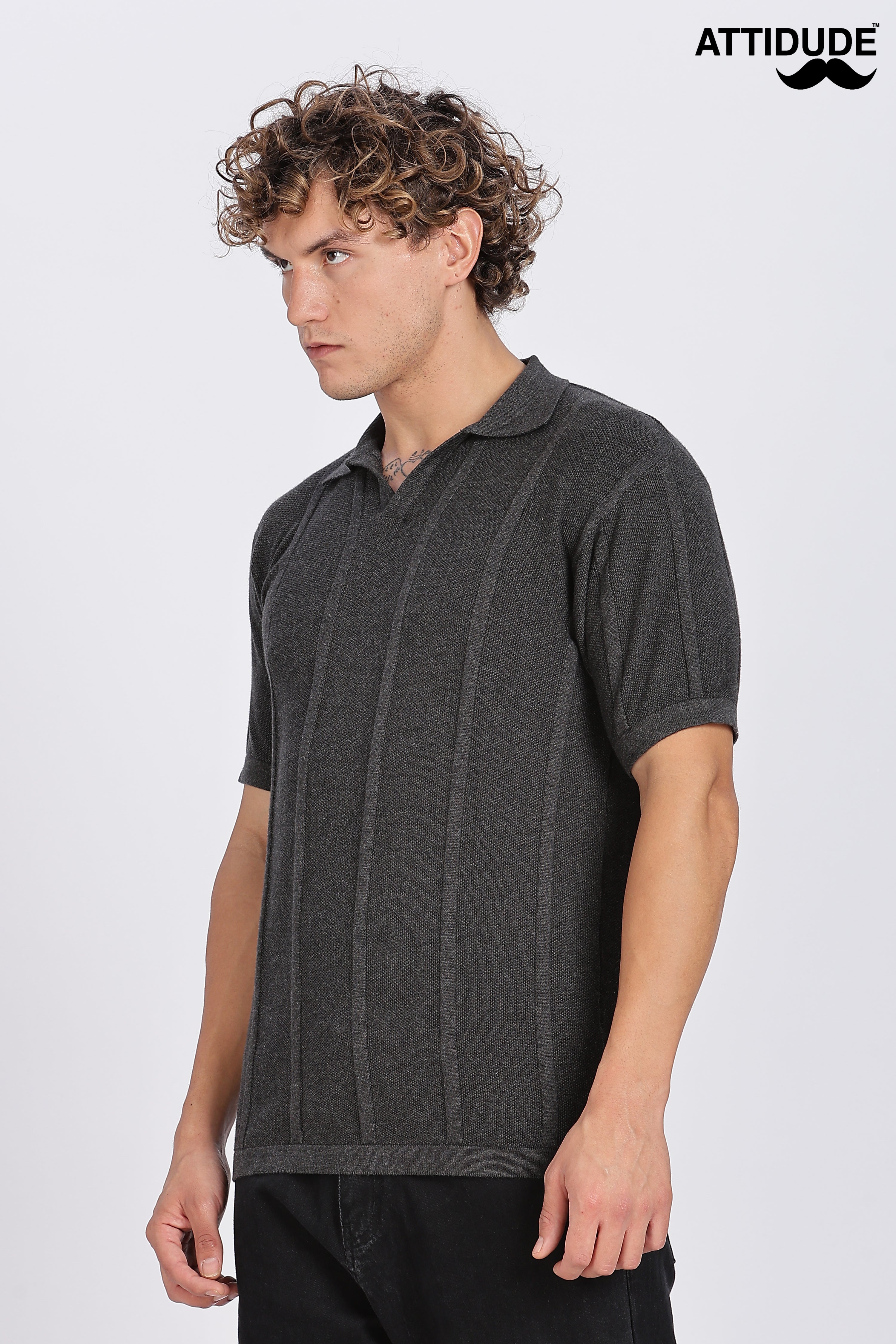 Charcoal Black Urban Ribbed Knitted Polo
