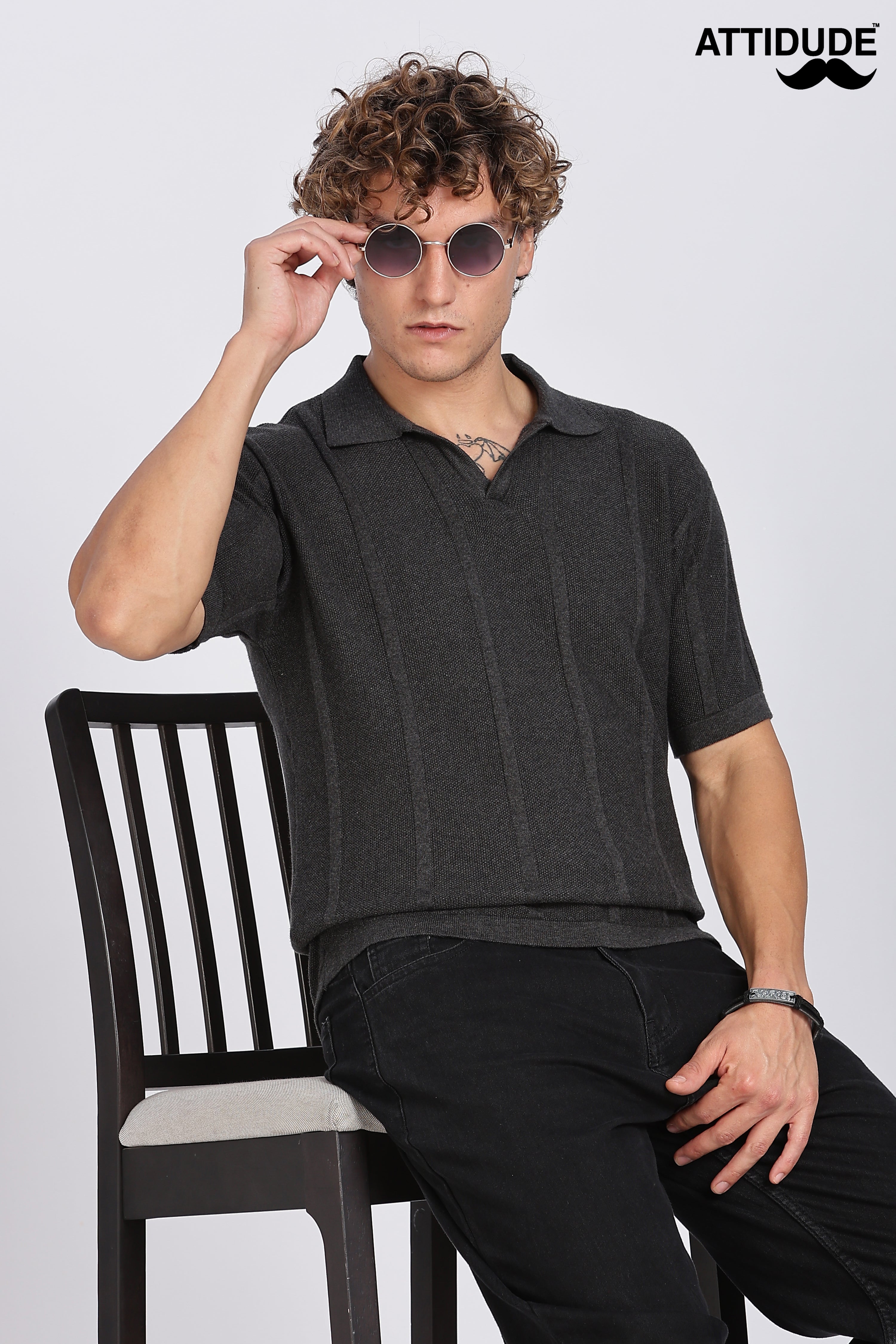 Charcoal Black Urban Ribbed Knitted Polo
