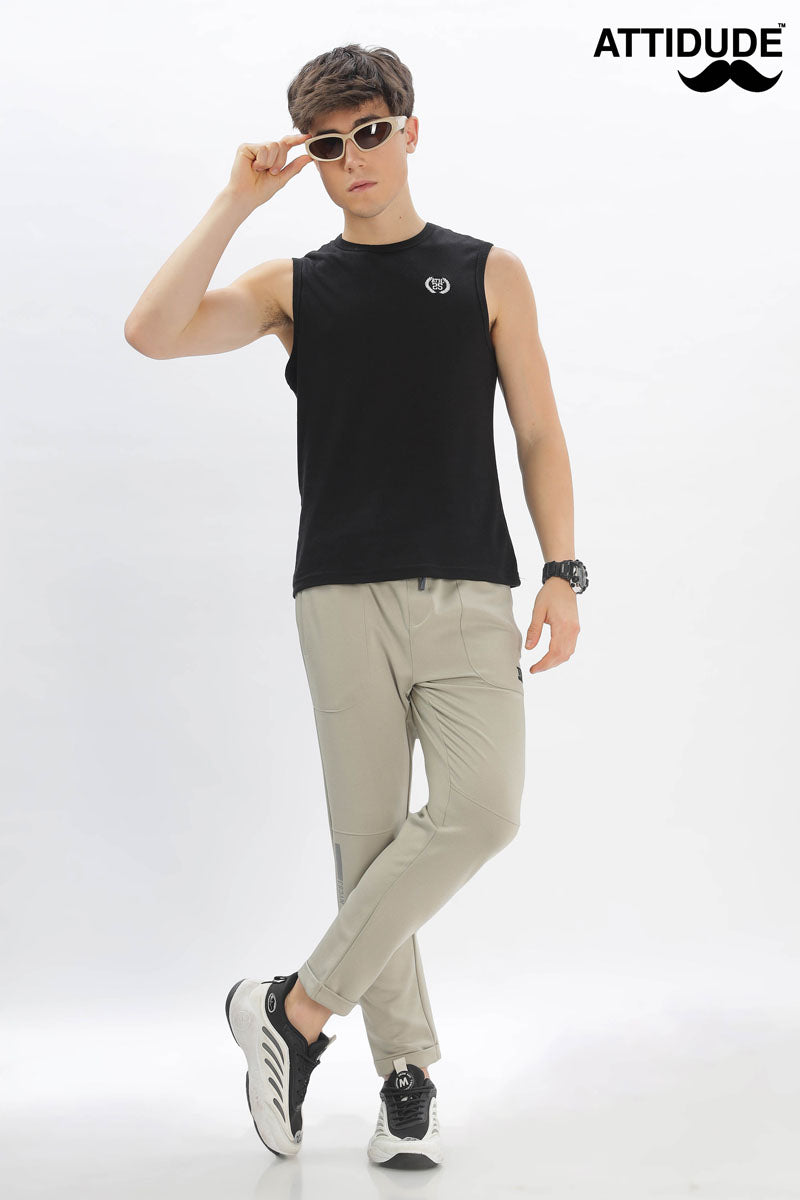 Beige Tech Jogger Pants with Elastic Drawstring Waist