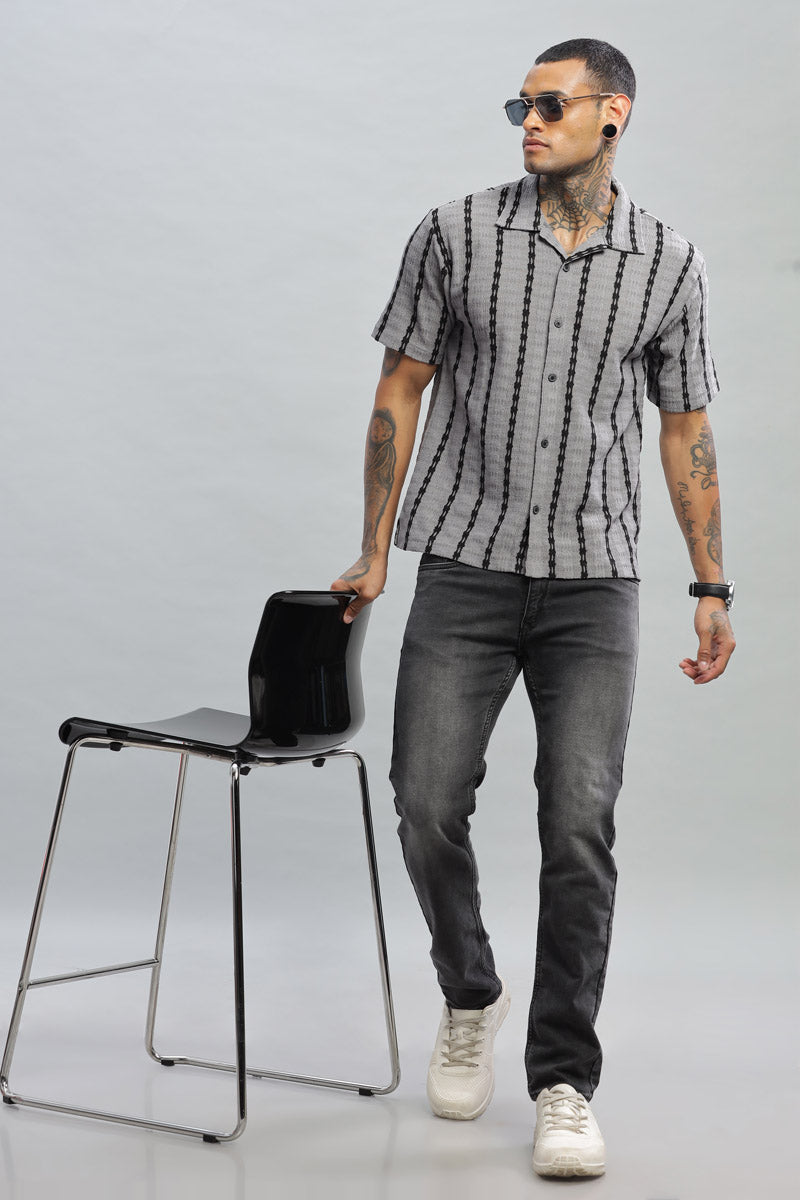 charcoal black textured vertical striped shirt