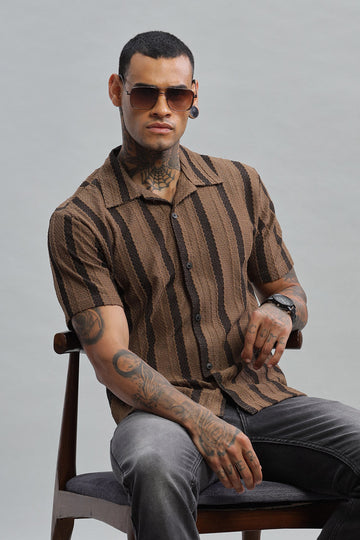 mocha brown black textured vertical striped shirt
