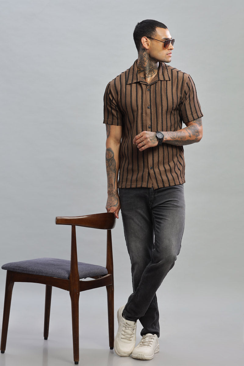 Coffee Brown & Black Textured Vertical Striped Shirt