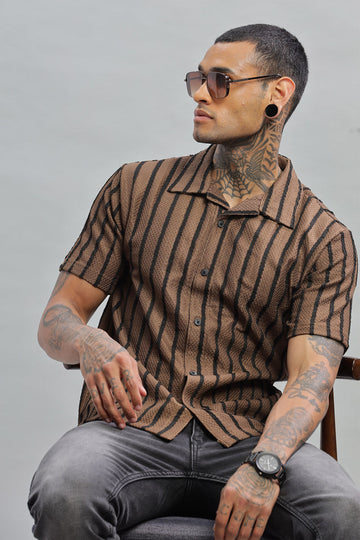 Coffee Brown & Black Textured Vertical Striped Shirt