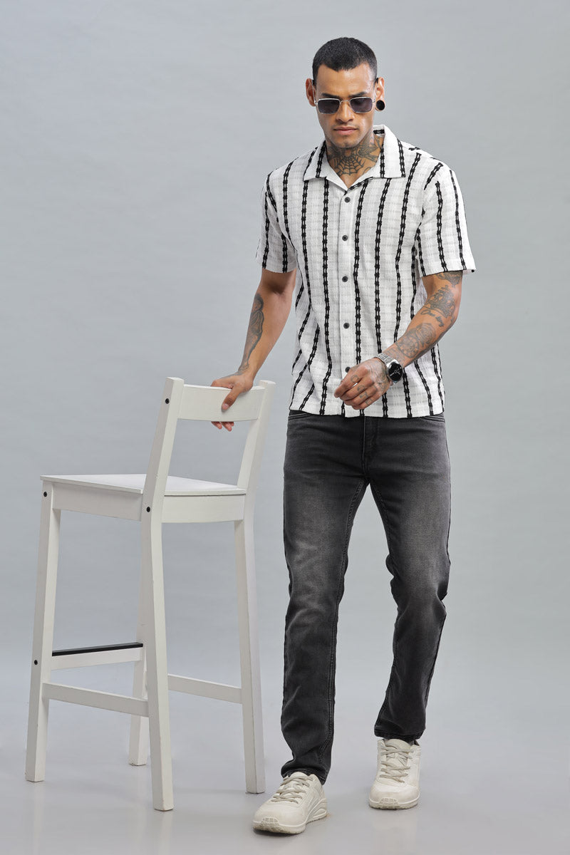 ivory white black textured vertical striped shirt