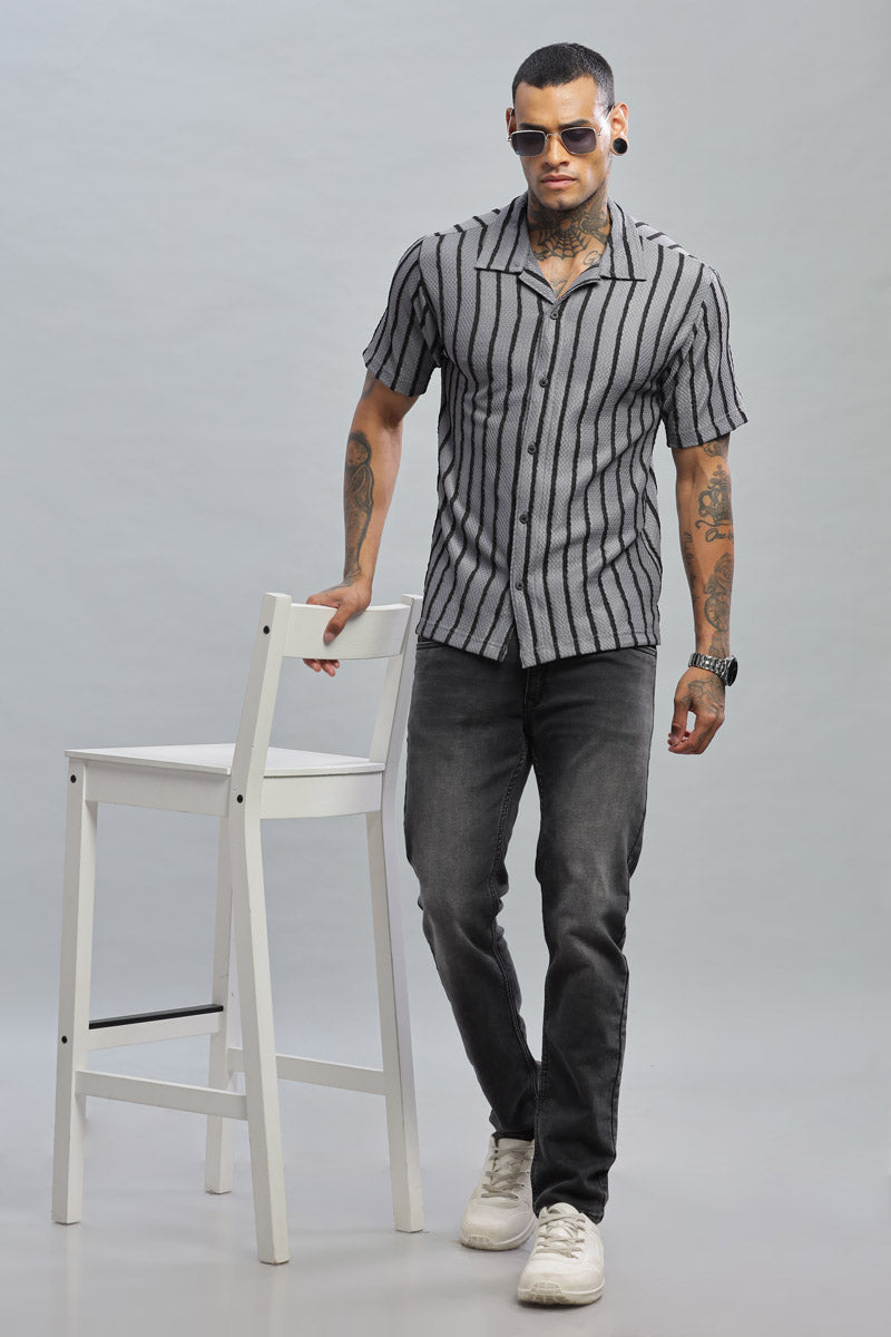 steel gray black textured vertical striped shirt