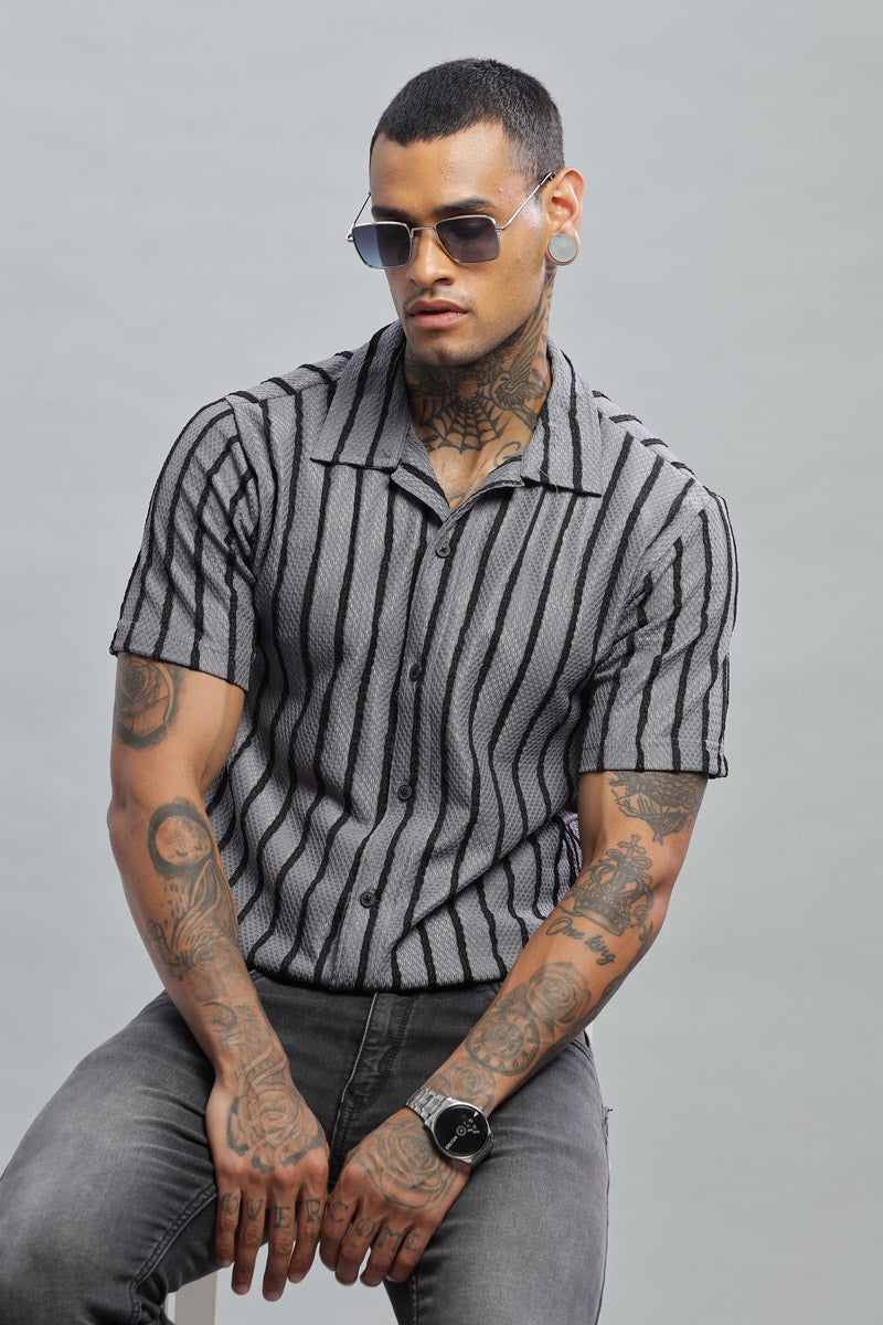 steel gray black textured vertical striped shirt