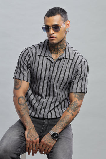 steel gray black textured vertical striped shirt