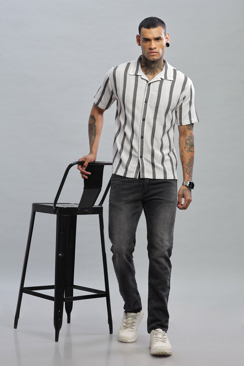 off white gray textured vertical striped shirt