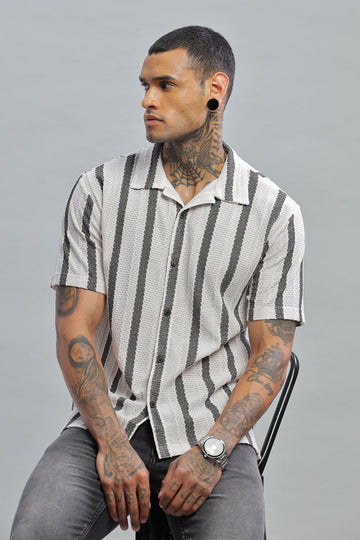 off white gray textured vertical striped shirt