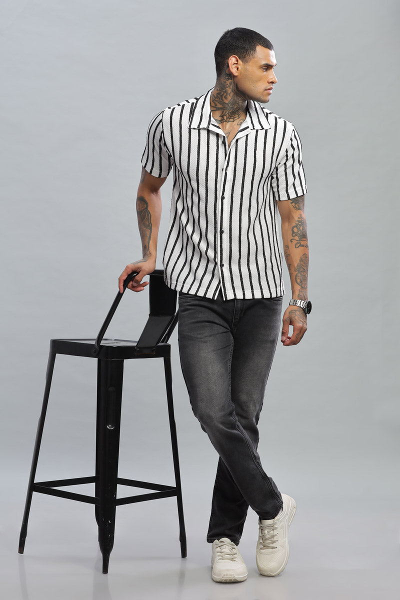 White & Black Textured Vertical Striped Shirt