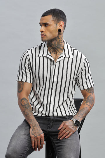 White & Black Textured Vertical Striped Shirt